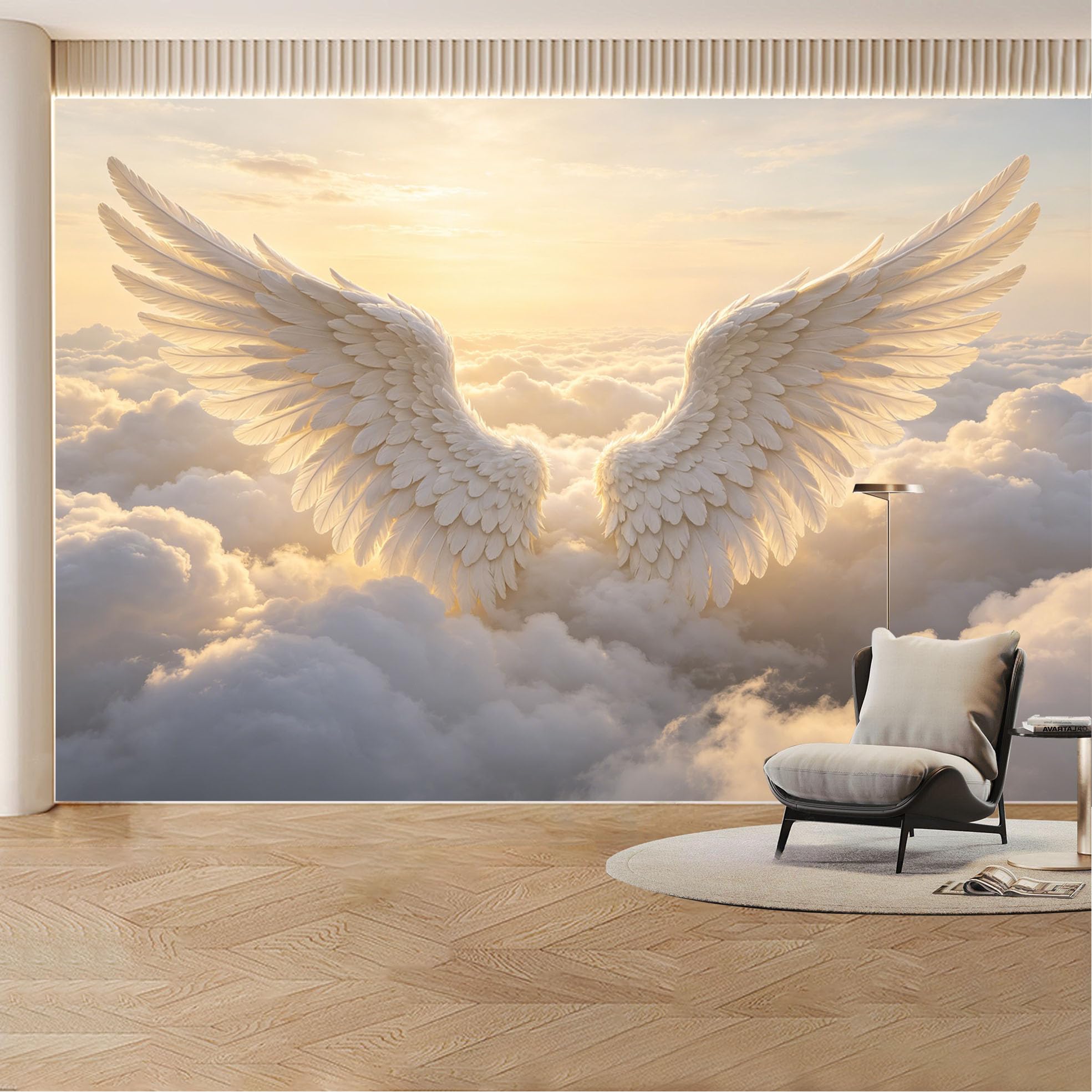 Custom Wall Mural Wallpaper Angel Wings Clouds， 3D Effect Large Wall Art， Luxury Sunset for Living Room， Bedroom， Office