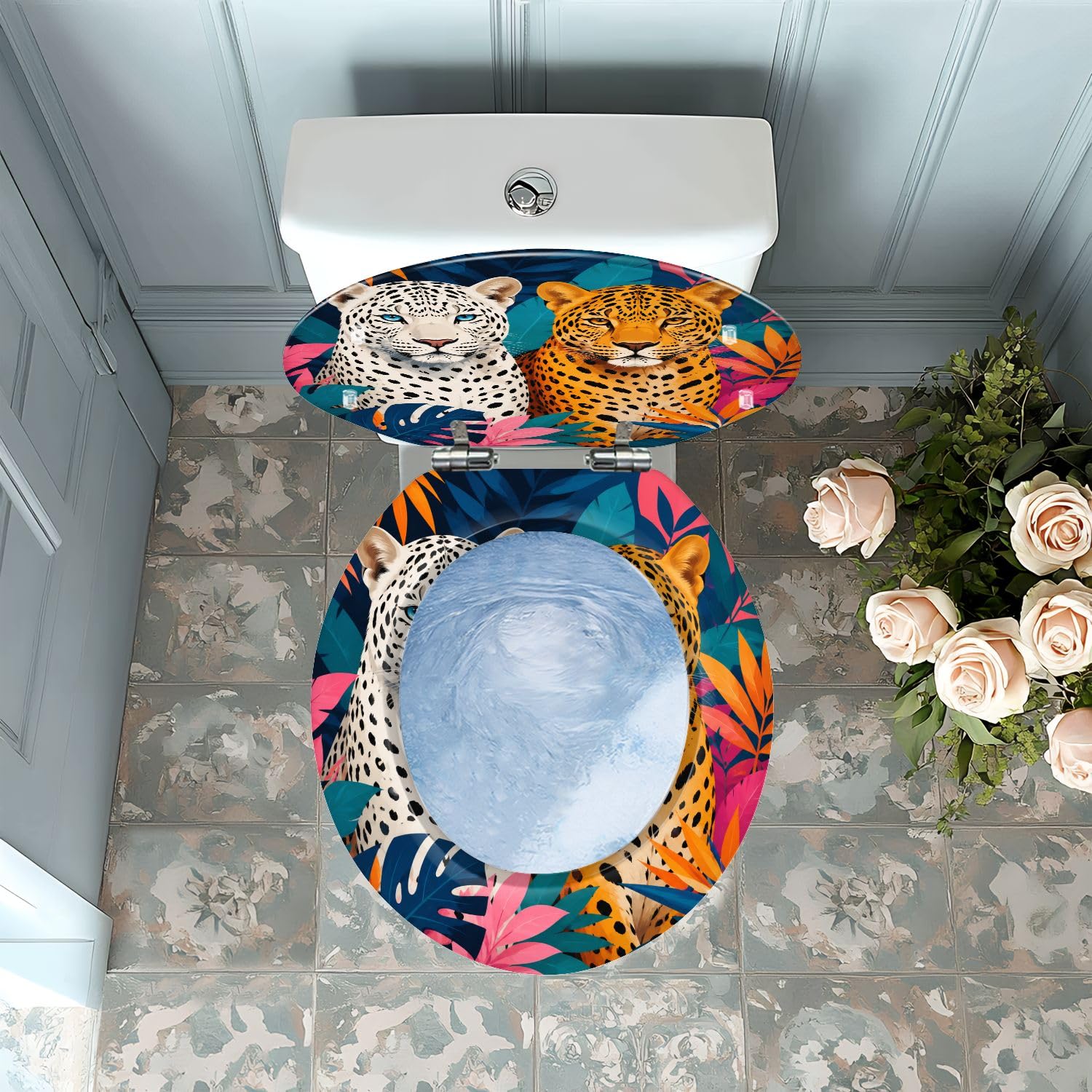 Asiento de inodoro redondo con estampado de guepardo para baño