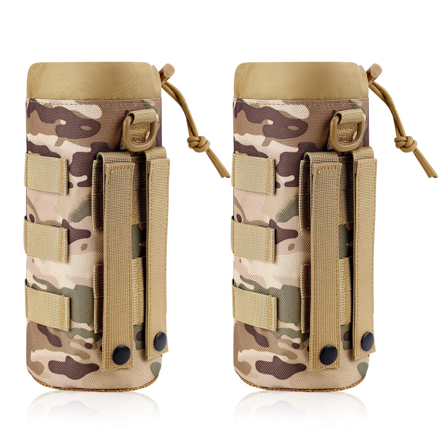 PEUTIER 2pcs Molle Water Bottle Holder, 1000D Nylon Sports Molle Bottle Pouch Carrier Bag with Drawstring Top Mesh Bottom Practical Molle Cup Holder for Outdoor Camping (Camo Color)