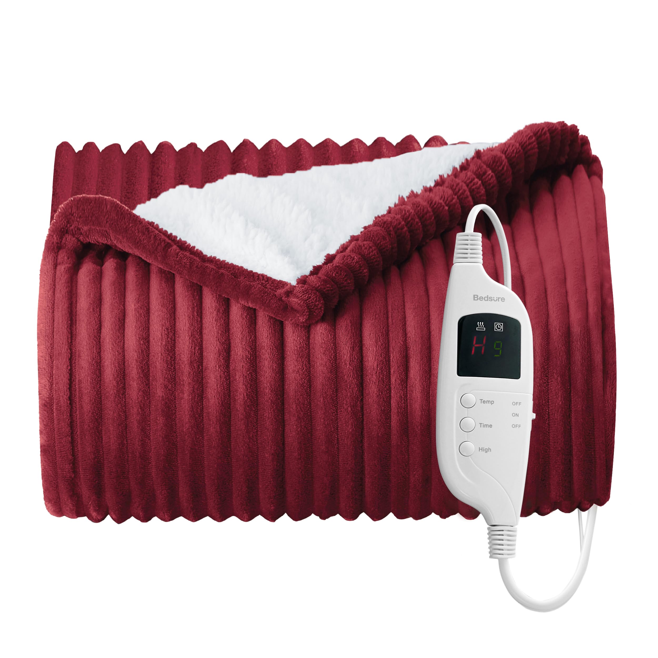 BedsureHeated Throw Blanket - Soft Ribbed Flannel Electric Blanket, Electric Throw Fleece Blanket with 8 Time Settings, 9 Heat Settings, and 9-Hour Auto Shut Off (130x160 cm, Red)