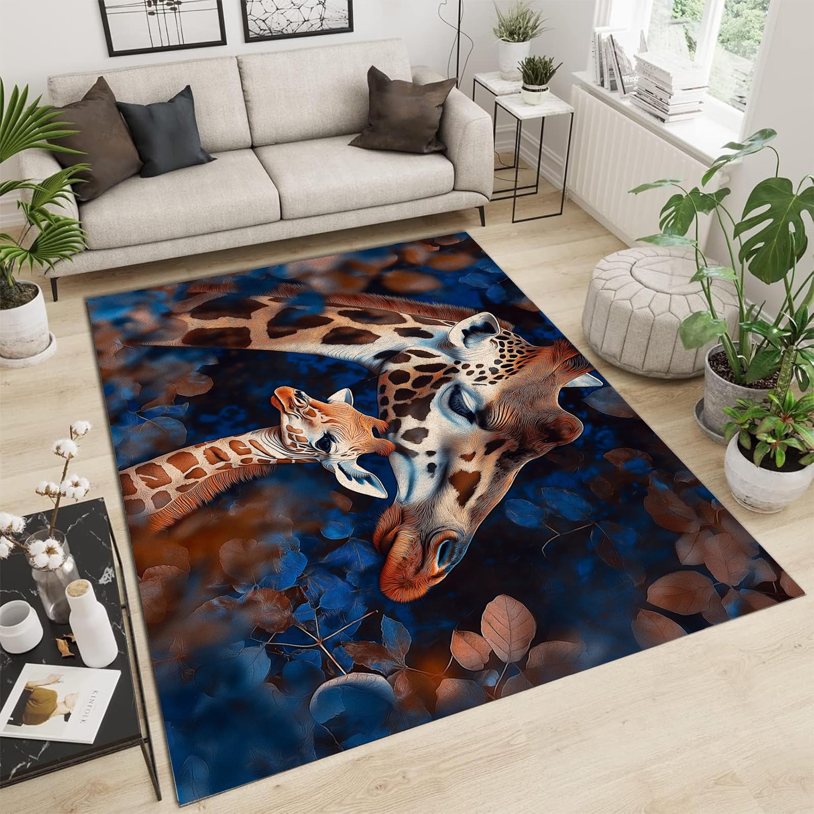 Tapis girafe lavable 240x300cm en poils courts doux pour grand salon ou chambre