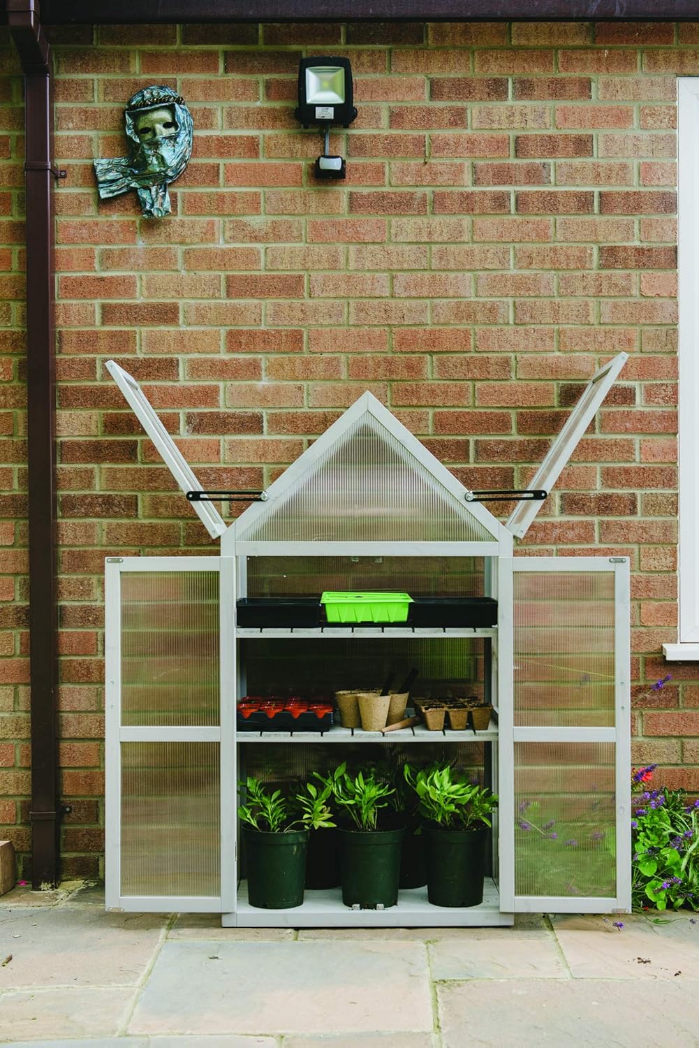 Gardman R70200425 Dove Gray Wooden Growhouse with UV Treated Polycarbonate Glazing and Adjustable Shelves. Dimentions:16" x 28" x 52" inches (LxWxH)
