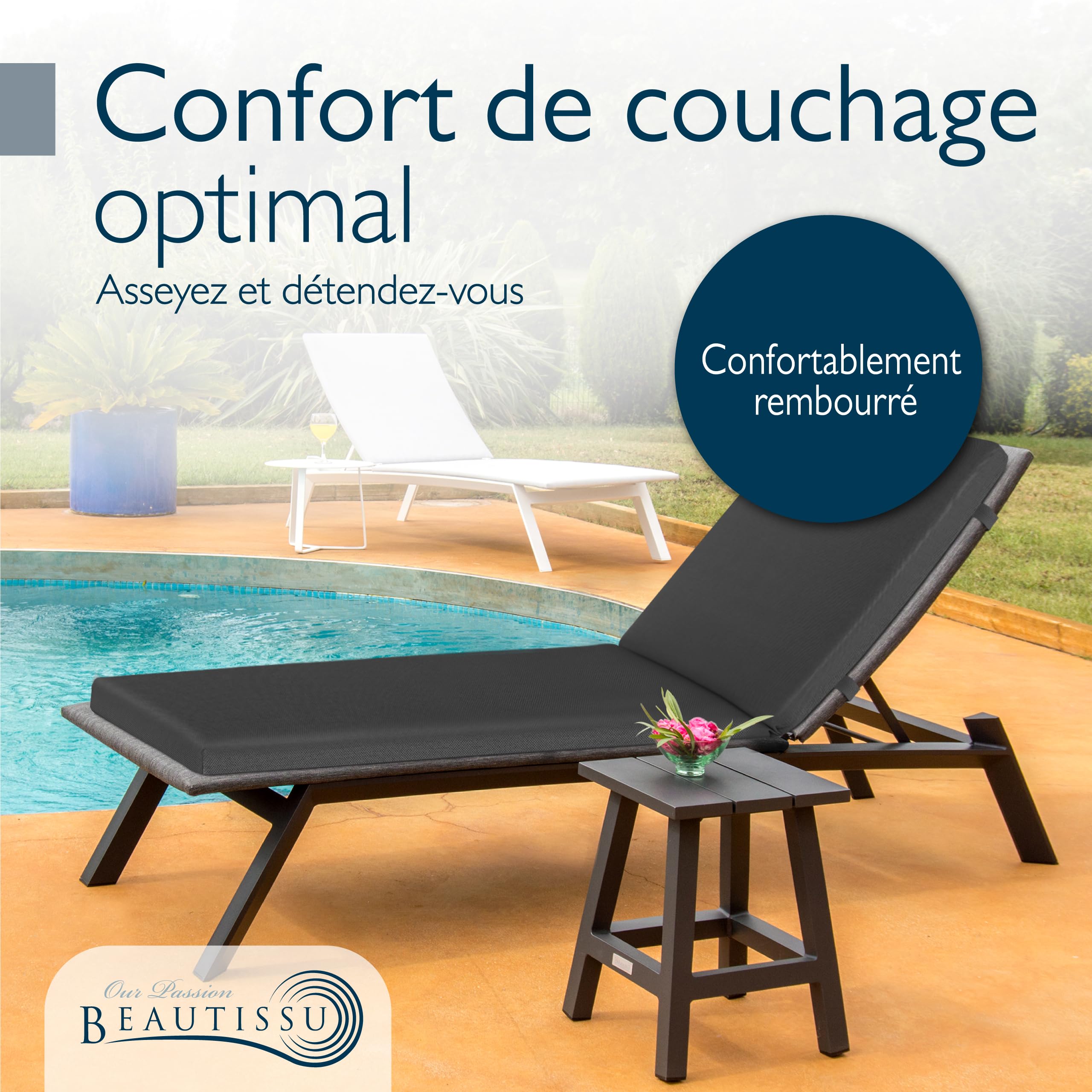 Beautissu Set de 2 Coussin Bain de Soleil Matelas transat imperméable | 190x60cm anthracite résistant aux intempéries séchage rapide lavable chaise longue exterieur mobilier jardin Deckchair