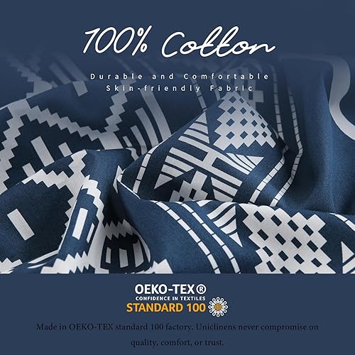 Miniatura 3 de Juego de funda de edredón con estampado geométrico azul marino, 100% algodón, con patrón bohemio abstracto, tamaño Queen, 3 piezas, incluye 1 funda