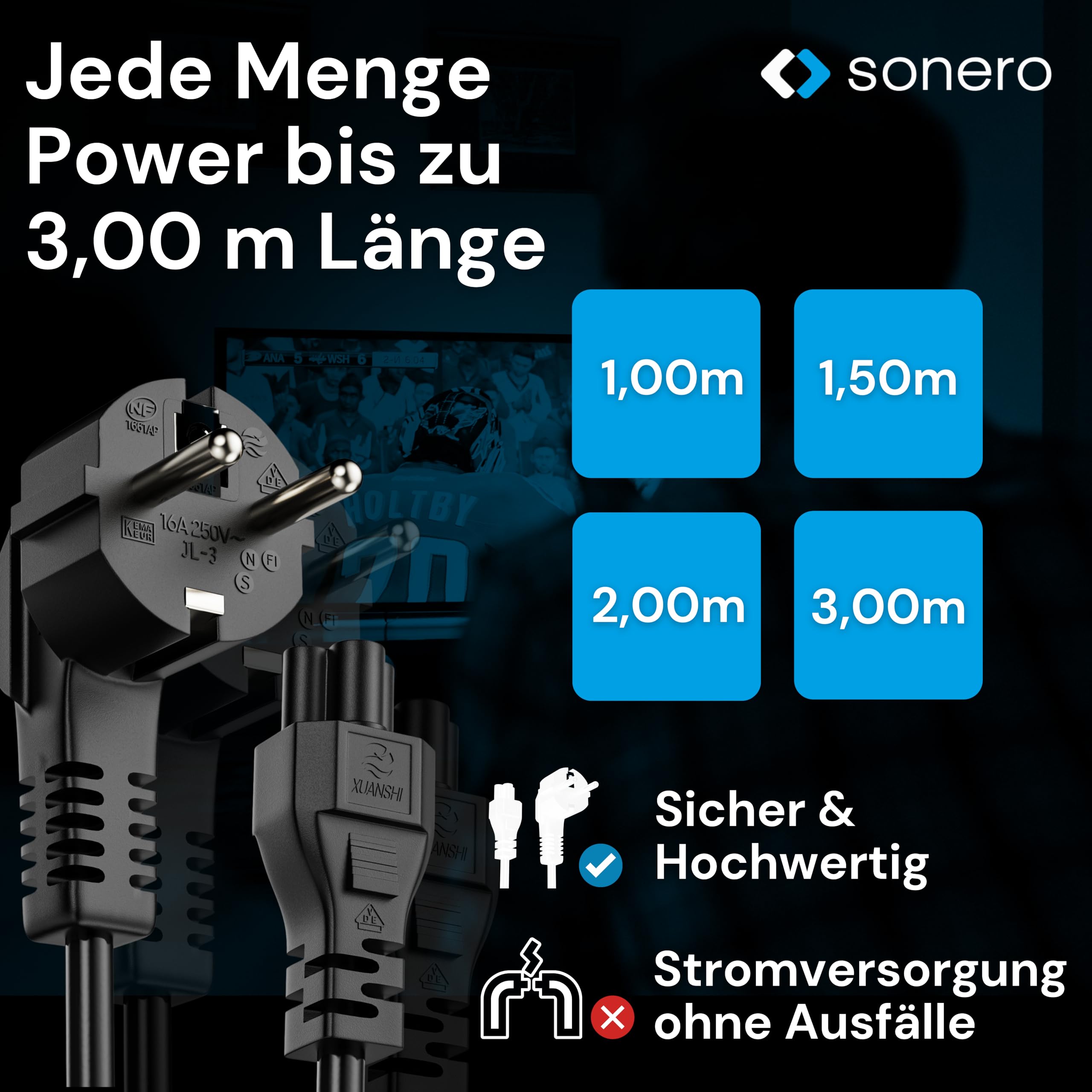 sonero Kabel zasilający 3-biegunowy, 1,0 m, wtyczka ze stykiem ochronnym, wtyczka sieciowa do gniazda C5, kabel sieciowy zasilacz sieciowy kabel zasilający do monitora PC laptopa, czarny