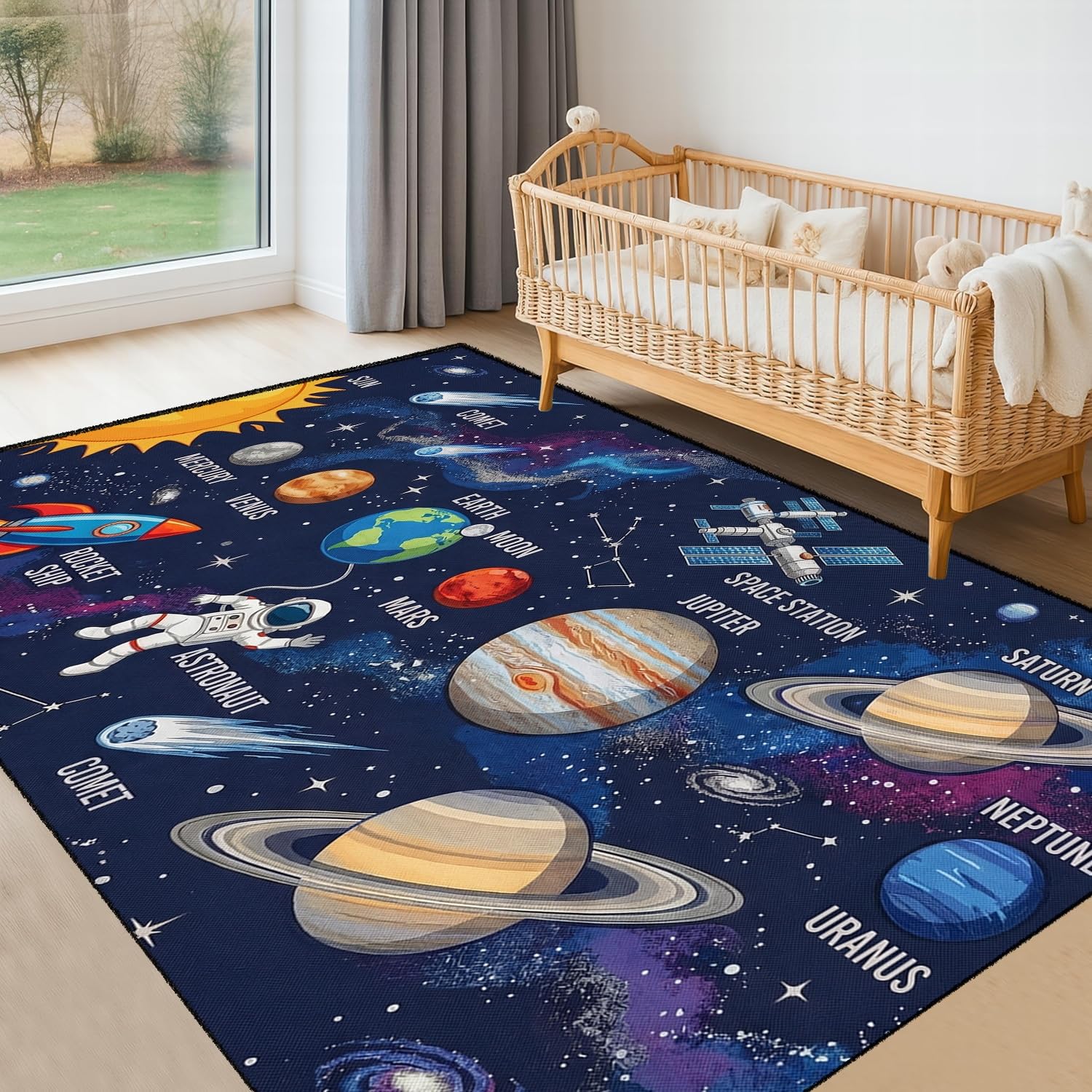 SMXVRC Kids Solar System Rug, 70x140cm, Educational Outer Space Play Mat for Classroom Bedroom Playroom, Washable Non-Slip Planets Astronaut Floor Carpet for Boys Girls