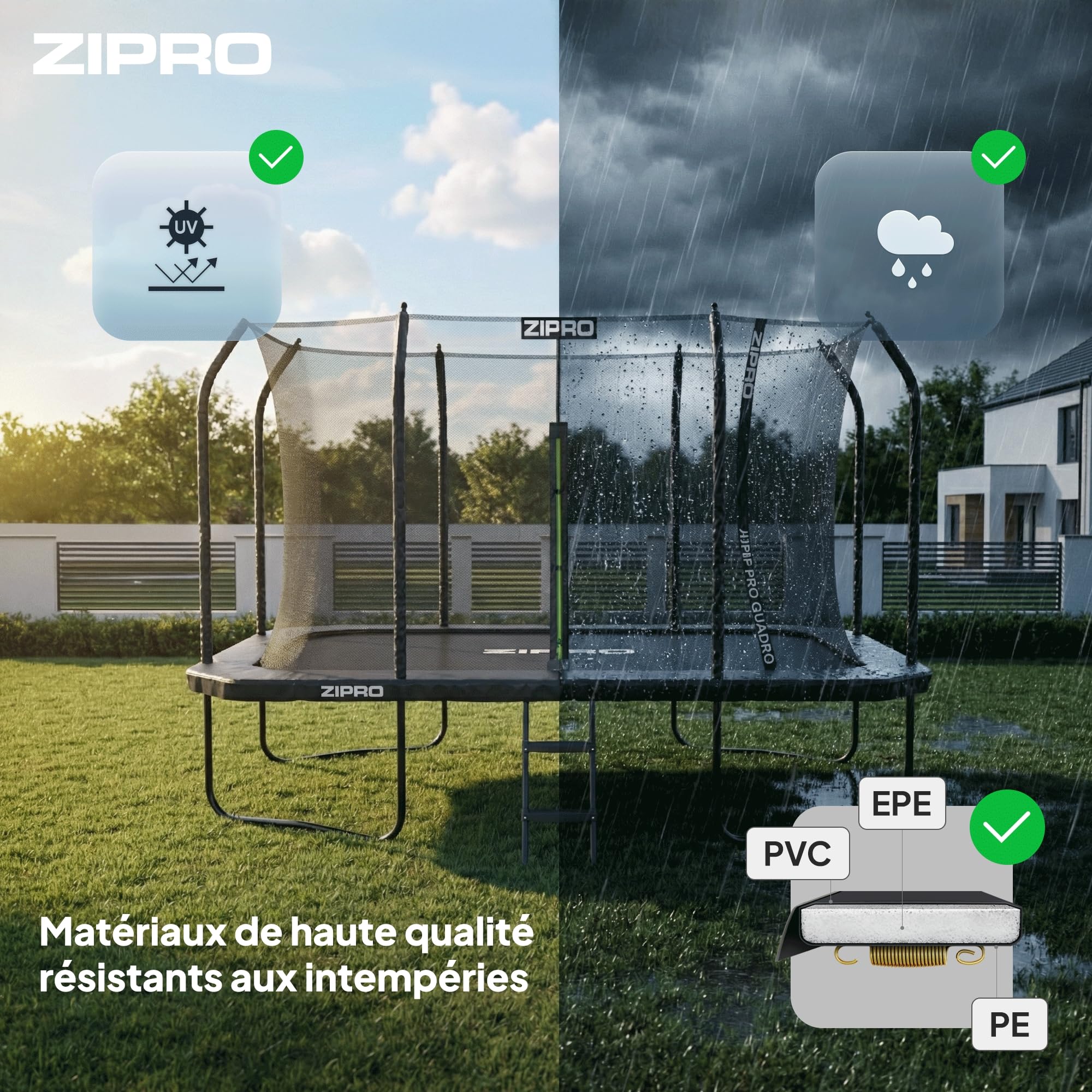 ZIPRO Trampoline Extérieur - Trampoline de Jardin Rectangulaire avec Filet de Sécurité, Tapis de Saut et Échelle - Trampoline Familial Charge Max 150 kg - JumpPro Quadro Ø 366/472 cm