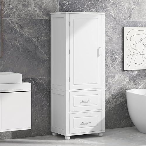 Miniatura 27 de Armario de baño de 64 pulgadas con 4 estantes, puertas y 1 cajón, armario alto con estantes ajustables para baño, cocina en casa, sala de estar