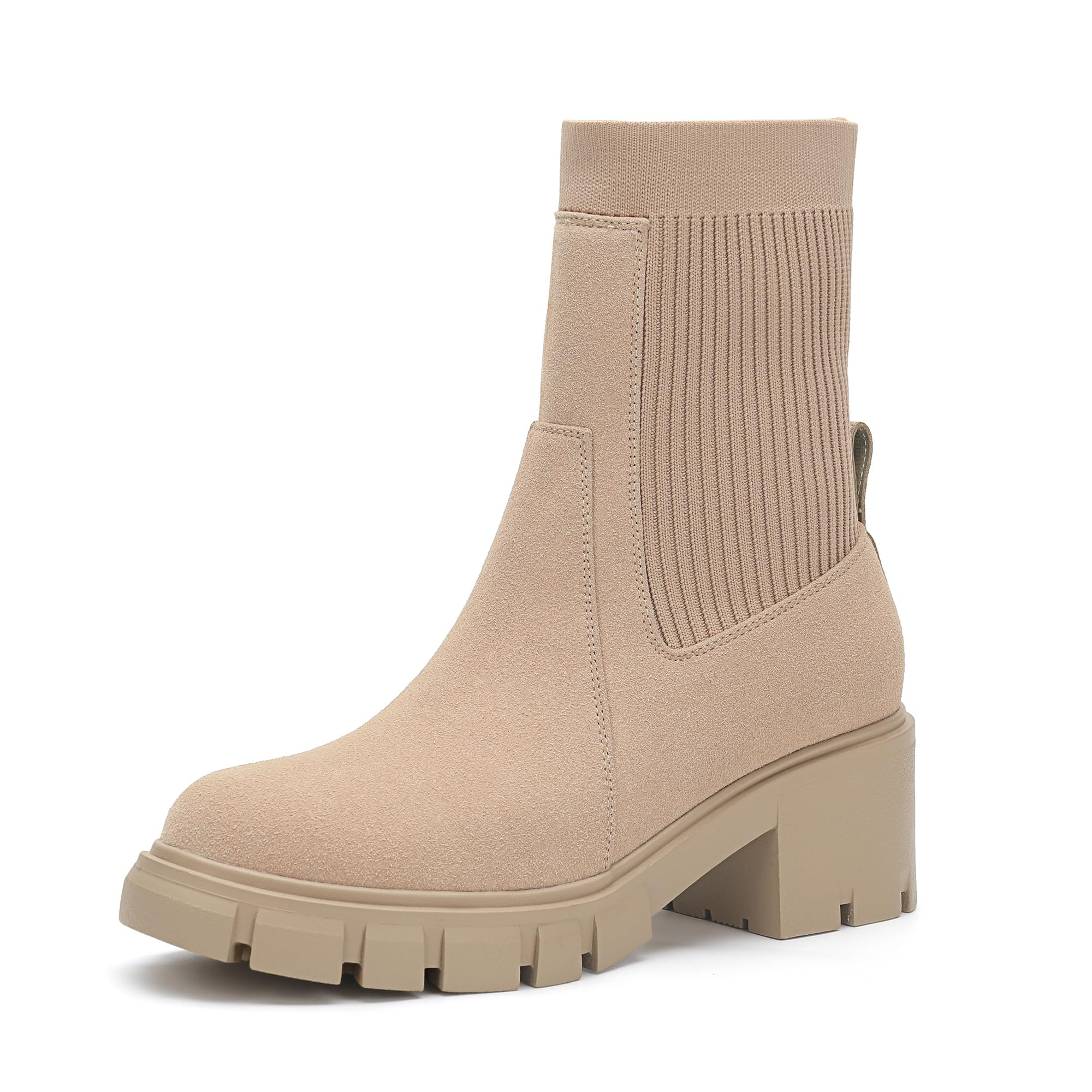 YULVSHOE Women's Chelsea Boots Comfortable Slip On Elastic Block Heel Platform Lug Sole Fashion Ankle Booties Nude 8 image_0