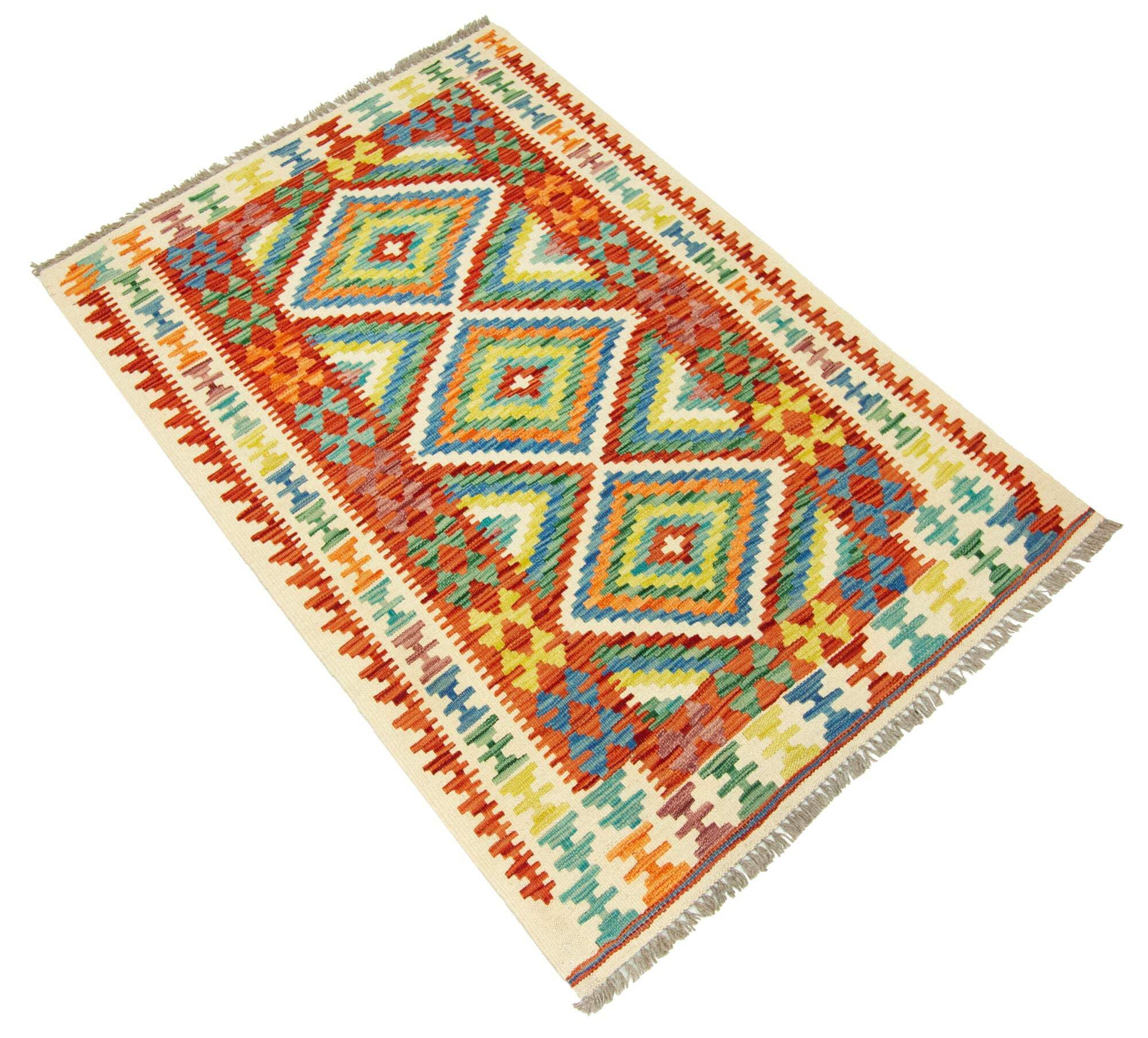 Tapis Kilim 100 % laine 149 x 100 cm, fabriqué à la main, pièce unique de style Herat Boho multicolore, tissu plat, tapis d'entrée et chambre