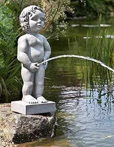 Belgium Boy Pond Statue Stone Color Spitter Fountain Statue 24 Inch Tall, Polyresin Waterscape Sculpture, Suitable for Water Garden Koi Fish Ponds, Gardens, Patios, Fountain Centers or Pool Decorations