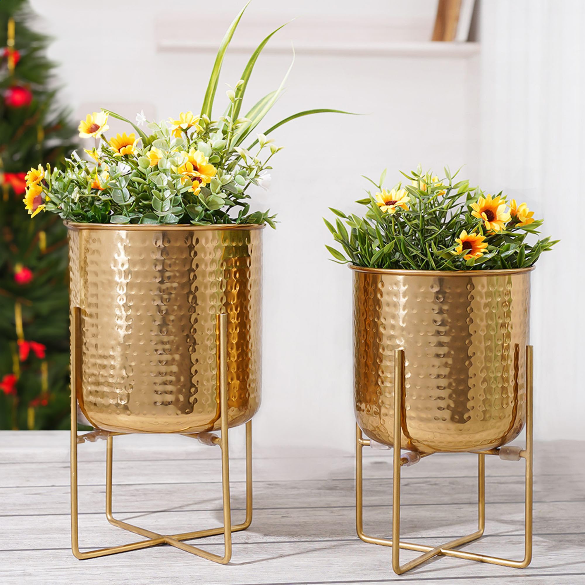 BEHOMA Hammered Metal Indoor Planter for Table Top and Floor | Living Room Drawing Room Balcony Planter | Office Desk Decoration Ideas for Small Plants | Gold Colour (Pack of 2) (B0BS6SHVRQ) Amazon Price History, Amazon Price Tracker