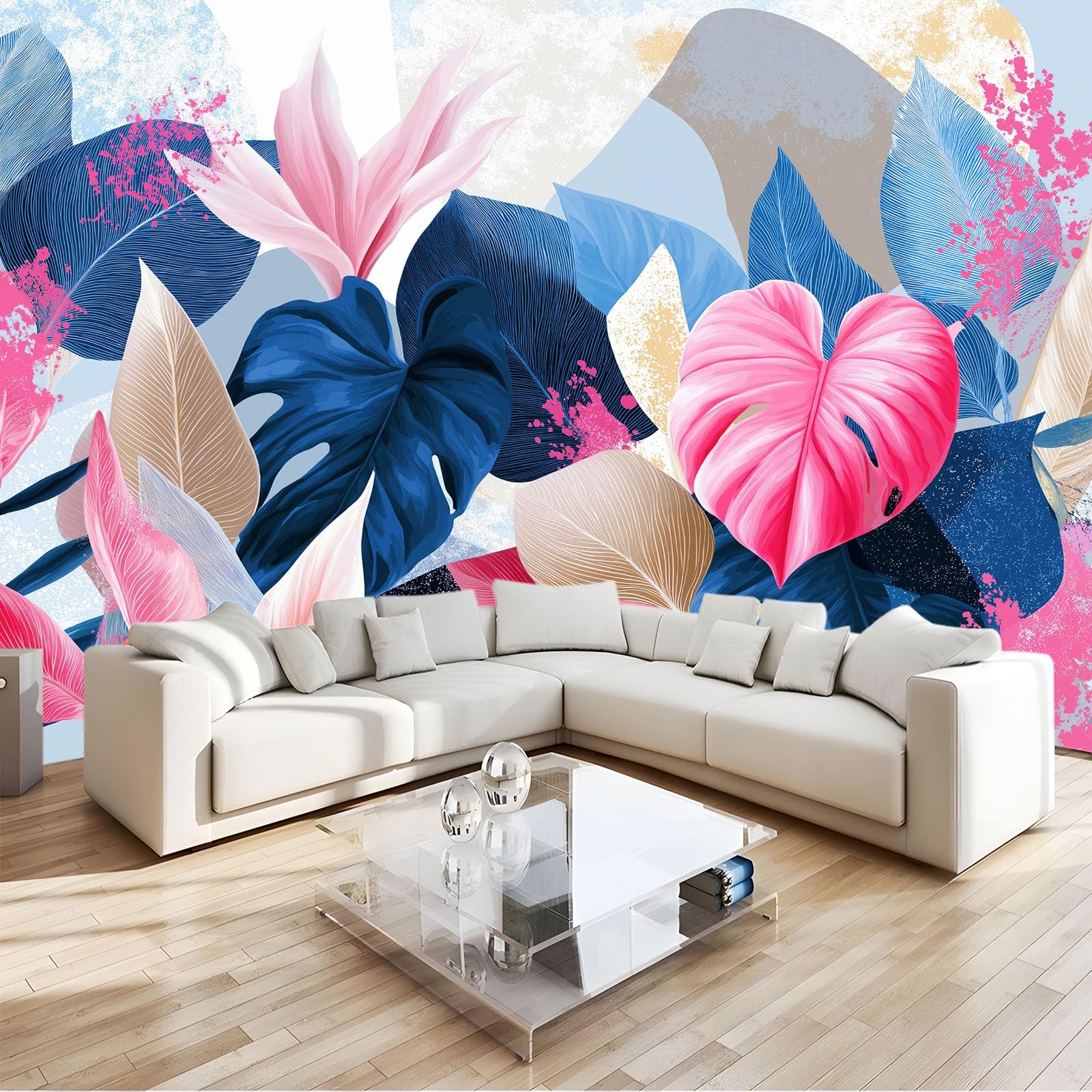 Générique Panoramiczna tapeta akwarela rośliny monstera tropikalne liście 3D 300 x 210 cm, włóknina XXL nowoczesna dekoracja ścienna salon sypialnia biuro pokój dziecięcy, biała