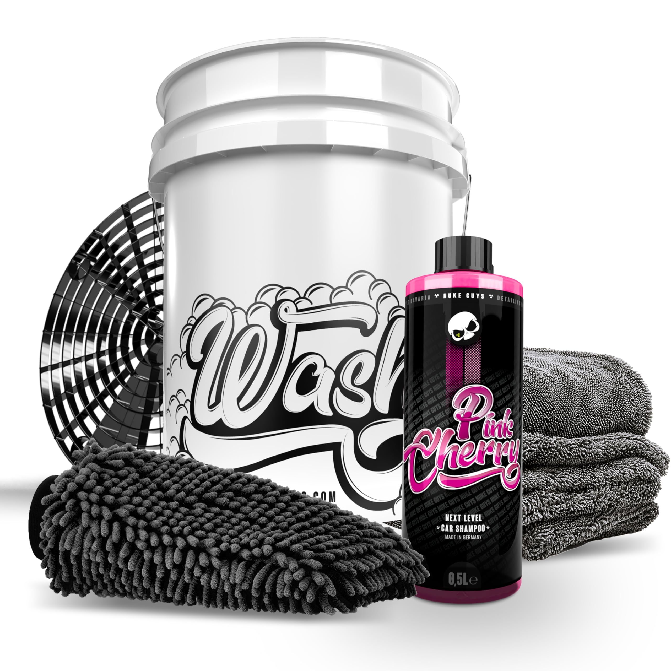 Nuke Guys - Handwäsche Set - Auto Wascheimer mit Sieb 5 GAL Pink Cherry Autoshampoo 500ml Gamma Dryer XXL Trockentuch 50x80cm - Waschhandschuh - Grit Guard Einsatz