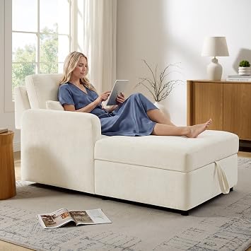 58" Oversized Chaise Lounge Chair with Storage, Chenille Beige | Adjustable Backrest, 2 Back Pillows, Comfy Reading Chair Indoor, Upholstered Sleeper Chair for Living Room, Bedroom, Office