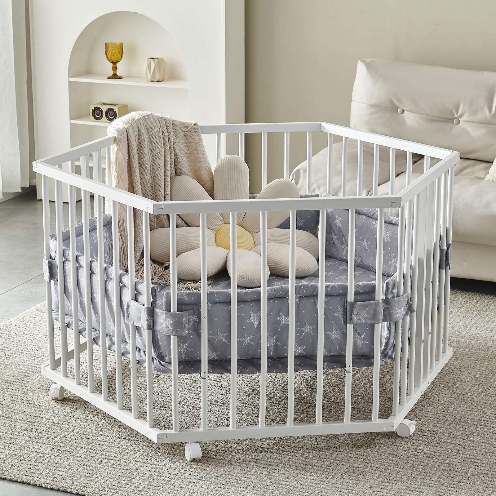 Laufgitter Laufstall 6-eckig Baby Krabbelgitter inkl. Stoffeinlage 3-fach höhenverstellbar WEISS 5230402