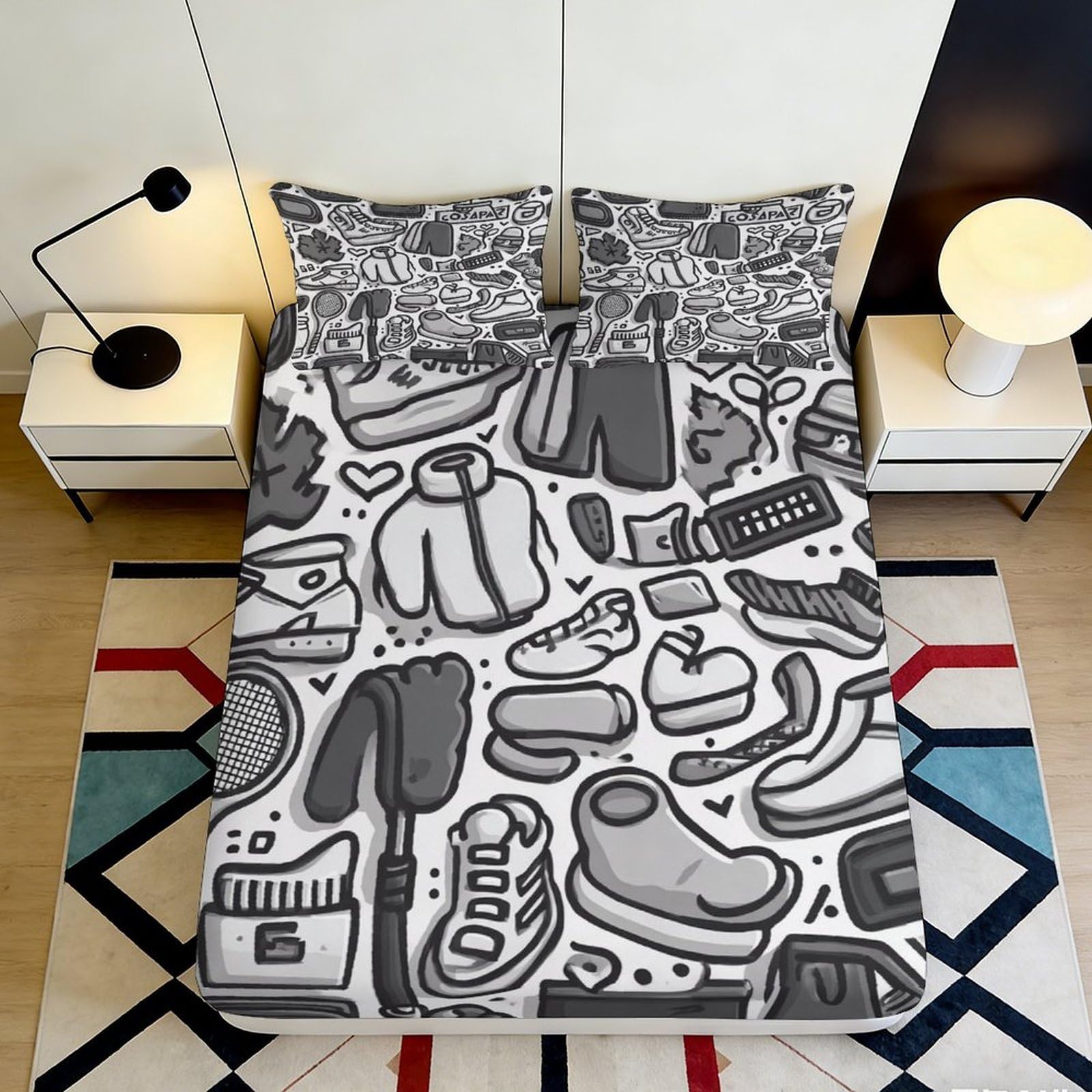 3D Printed Doodle Art Fitted Sheet Microfiber Soft Monochrome Sports Mattress Cover for Bedroom Dorm Decor 90x200x25cm