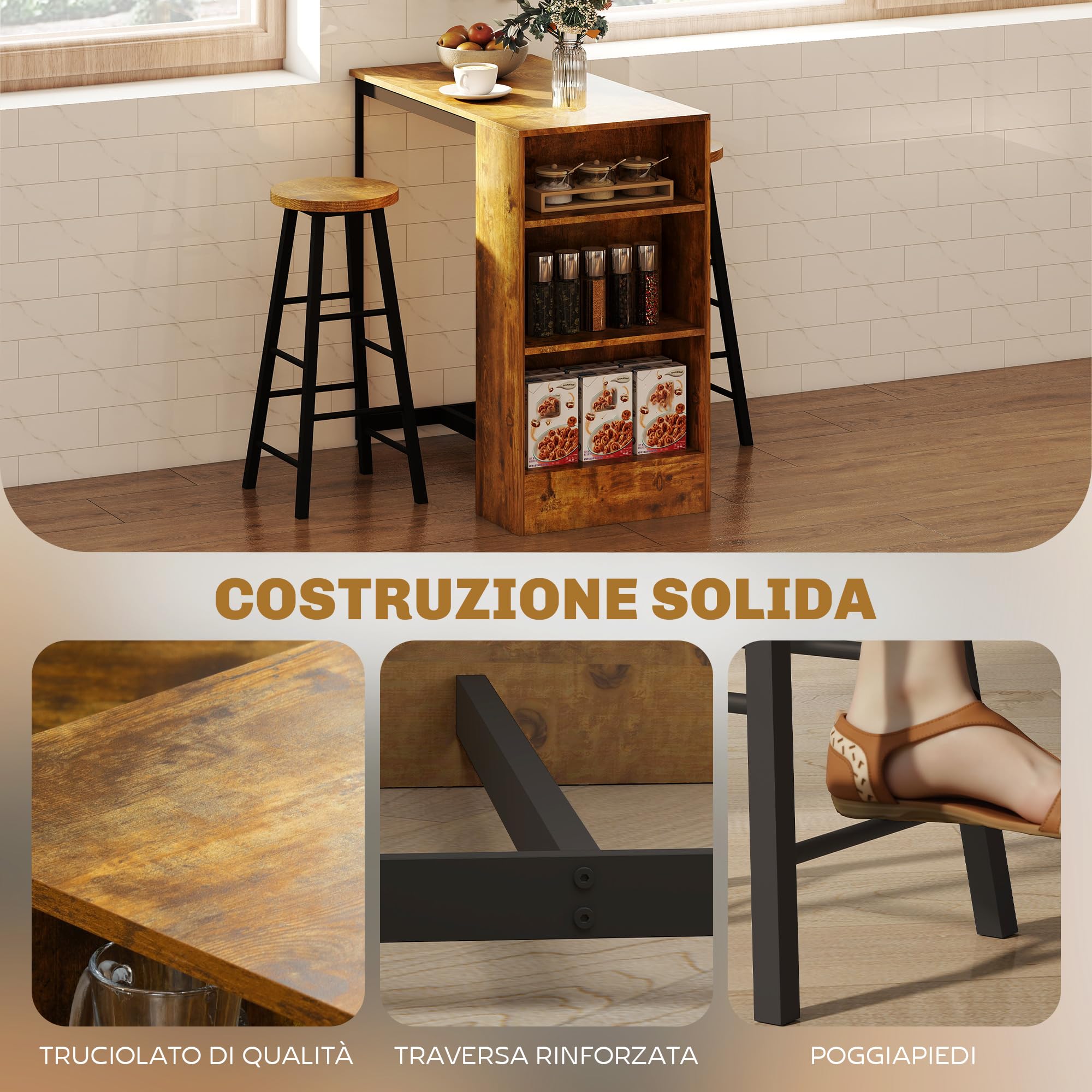 HOMCOM Set da Pranzo con Bancone da Bar e 2 Sgabelli Alti, Tavolo Alto con 3 Ripiani Laterali e Sgabelli con Poggiapiedi Stile Industriale, Marrone