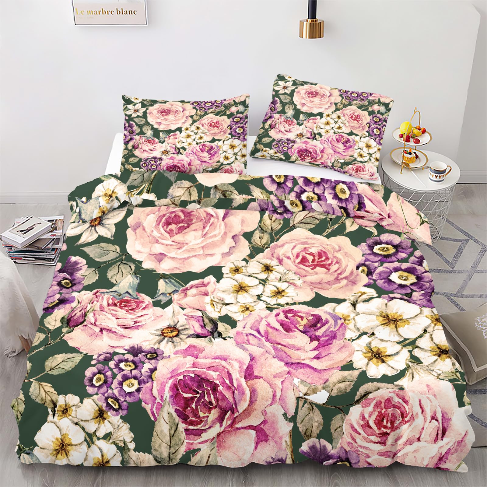 Retro Distressed Pink Purple Flowers Quilt Cover, Abstract Flowers GreenQuilt Cover Bedding (80 x 90 in) and 2 Pillowcases, Zipper Closure Apply to Teens Girls Boys Kids Bedroom