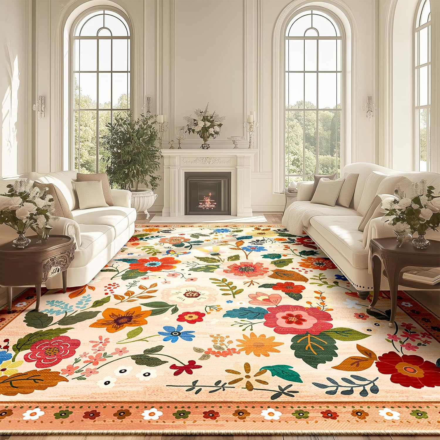 Floral 9x12 Area Rug Machine Washable Boho Carpet Non Slip Doormat Low Pile Flower Area Rugs for Living Room Bedroom Kitchen Dining Room Hallway Entryway Indoor-Light Orange