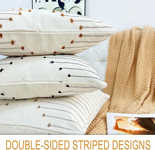 Miniatura 5 de LMYUHONG Juego de 2 fundas de almohada bohemias de 18 x 18 pulgadas, modernas, rústicas, de lino y algodón, decorativas, color blanco, funda de