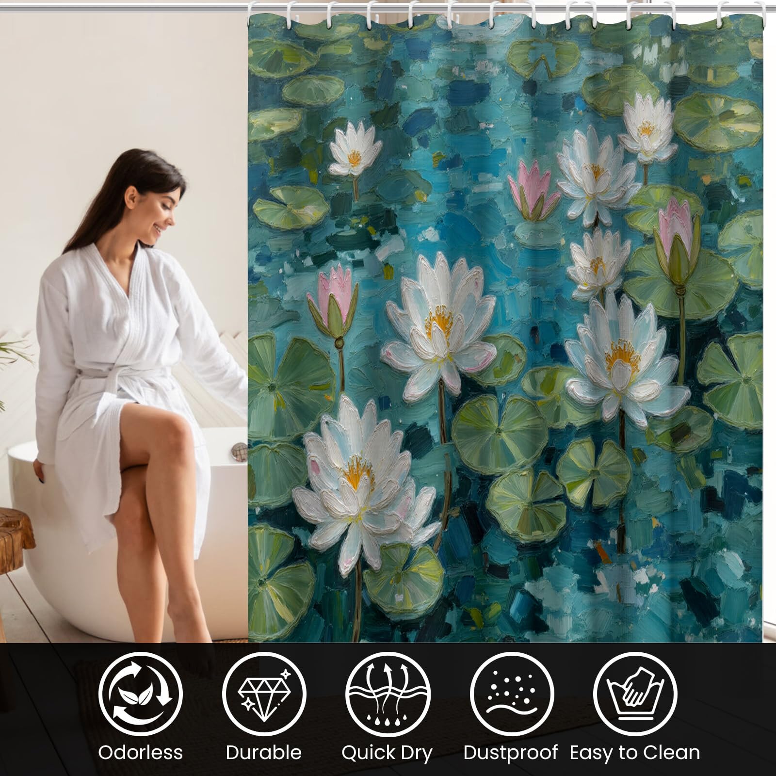 Rideau Douche,Rideau Baignoire Lavable en Machine Rideaux Douche Tissus Lavable Rideau De Baignoire Lavable pour Salle De Bain Domicile Baignoire Famille,Feuilles De Nénuphar,
