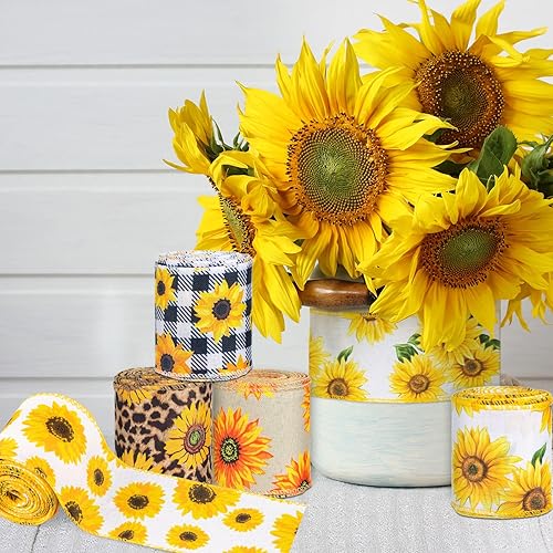 Miniatura 7 de Whaline Cinta de girasol con borde con alambre de 30 yardas cinta de patrón de flores de verano de 5 rollos de tela de primavera y verano cinta