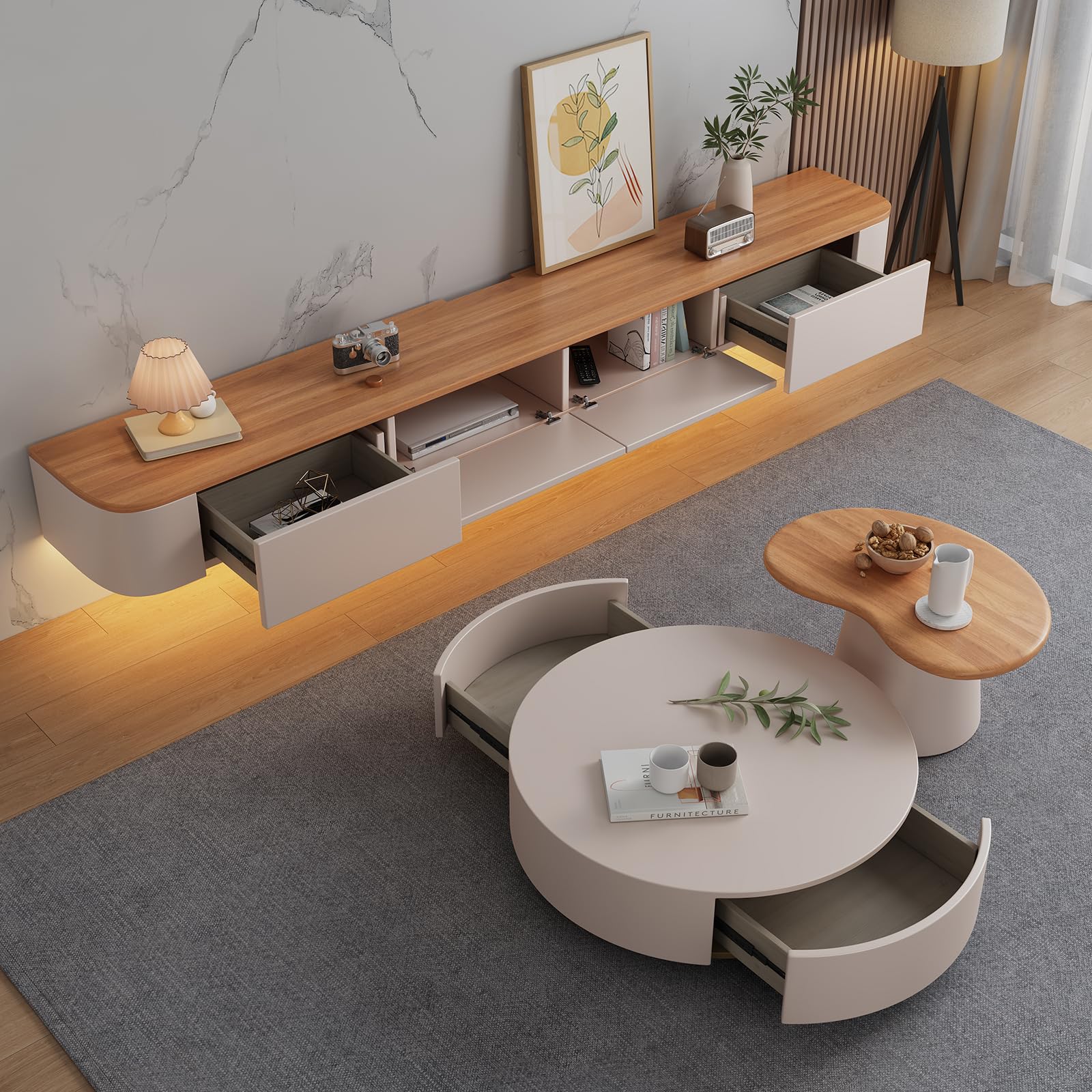 Meuble TV Flottant, Étagères TV Murales Avec Porte, Console Multimédia TV, Armoire TV Flottante avec Grand Rangement Sous TV (Bois+LED, 120CM/47,2")