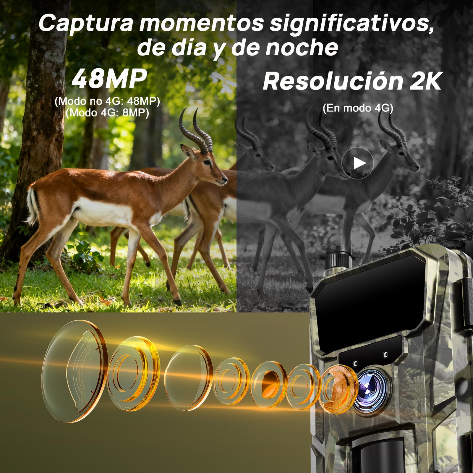 iZEEKER 2 en 1 Solar Cámara de Caza 4G LTE con SIM y Micro SD Karte 64GB, HD 48MP Fototrampeo Nocturna con App, Batería Recargable de 5200mAh, Detección Movimiento, IP66 Impermeable, Sin Wi-Fi