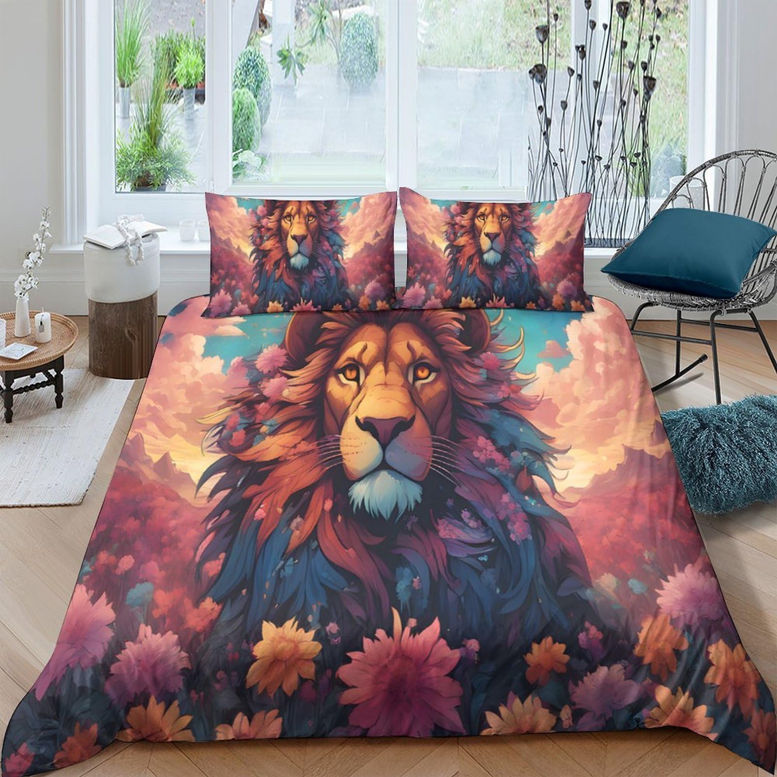 Ctjqhvkz Style-7 3D Printed Majestic Lion Fitted Sheet Microfiber Soft Art Floral Mattress Cover For Bedroom Guest Room Decor Single（135X200cm）