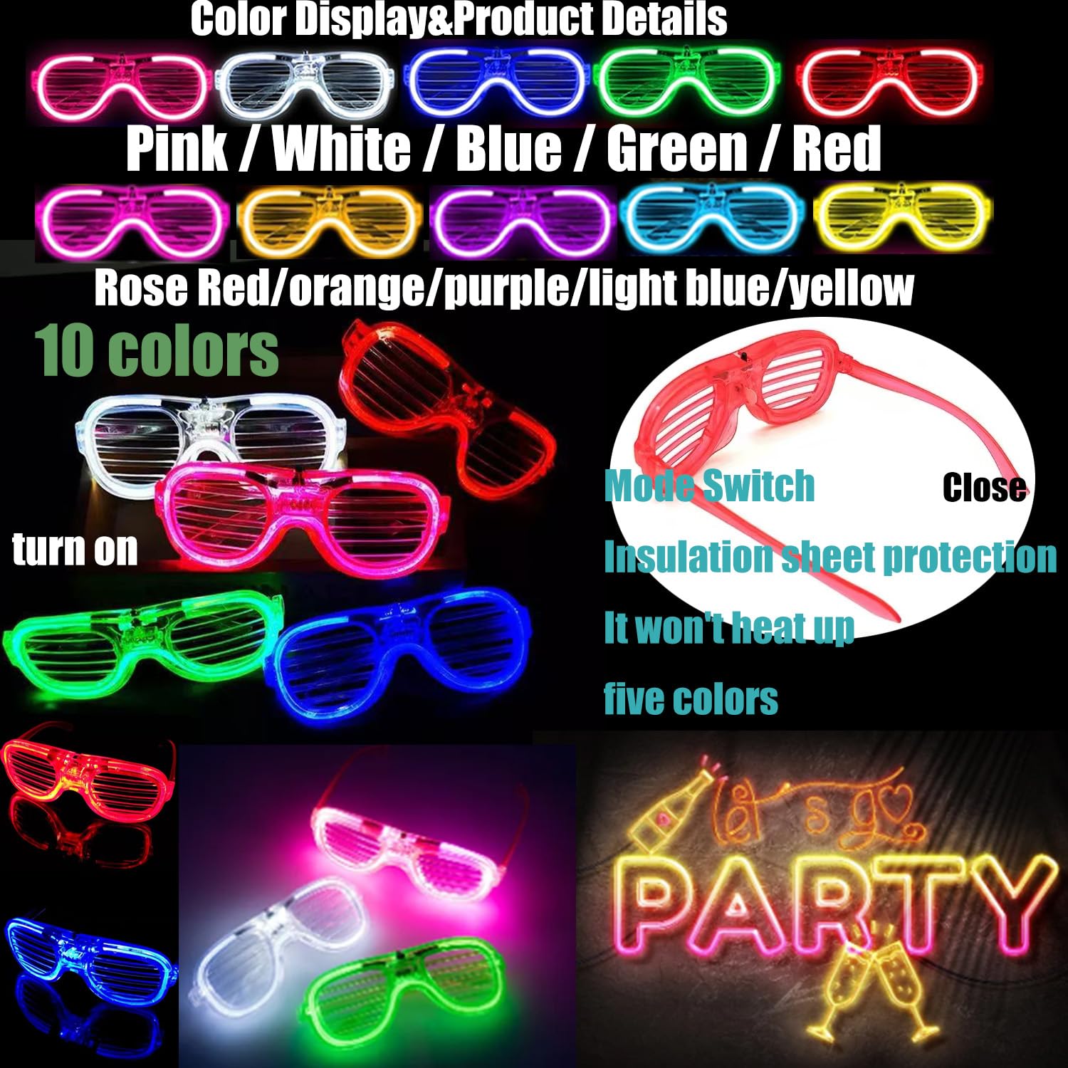 Flashing Brille Neon Partybrille,Leuchtende Brillen-5-100 Stück-10 Farben