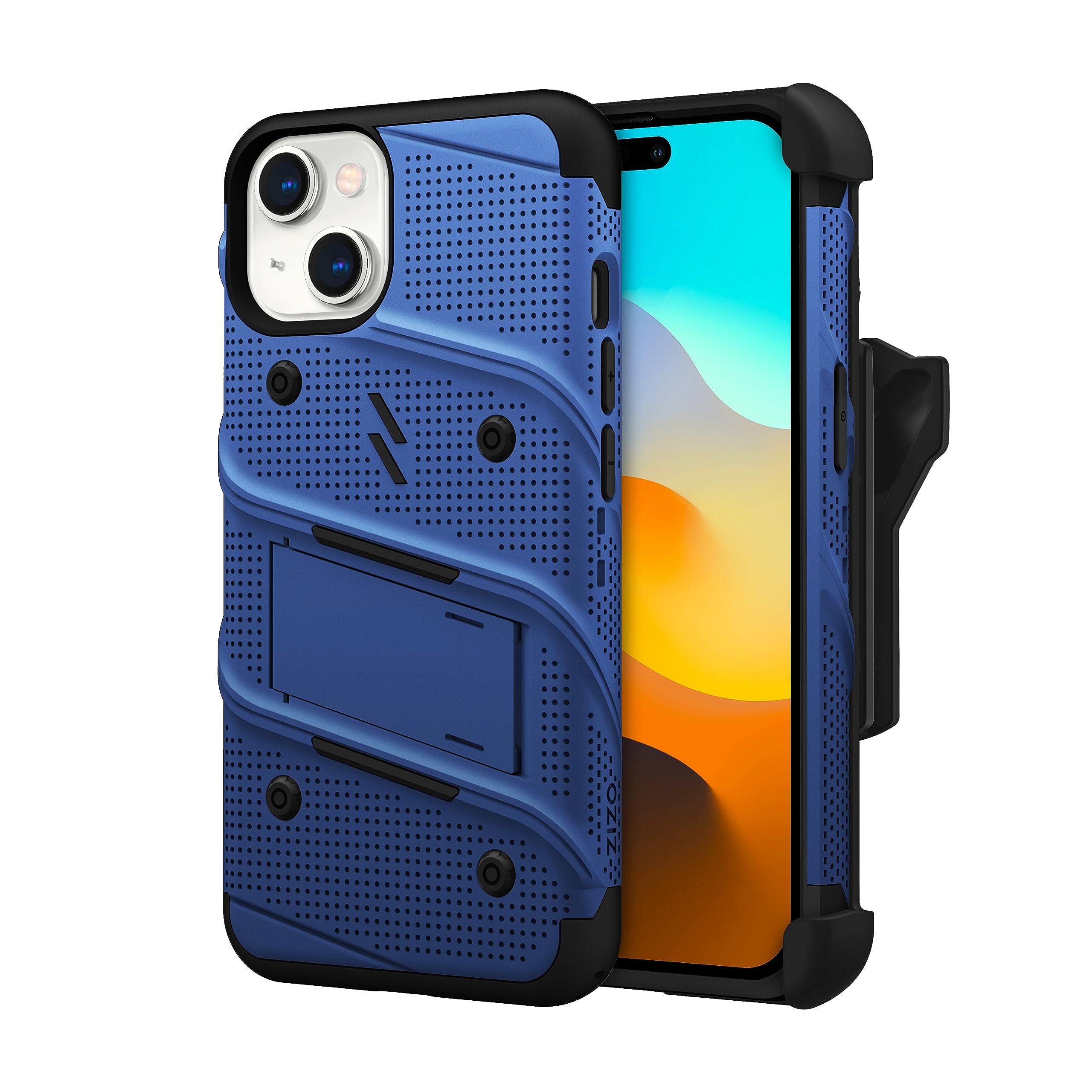 ZizoBolt Bundle for iPhone 15 Case with Screen Protector Kickstand Holster Lanyard - Blue
