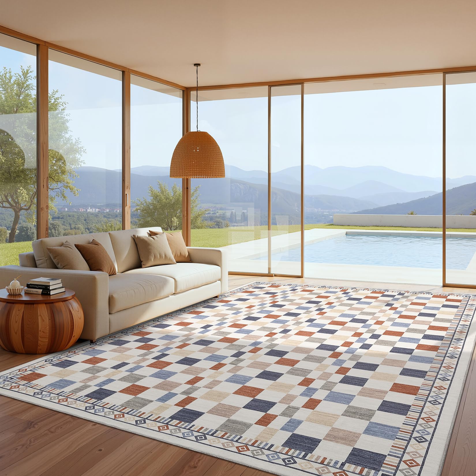 GarveeHome 8x10 Rug for Bedroom Modern Colorful Checkered Rug for Living Room Non-Slip Machine Washable Throw Floor Carpets Low Pile Contemporary