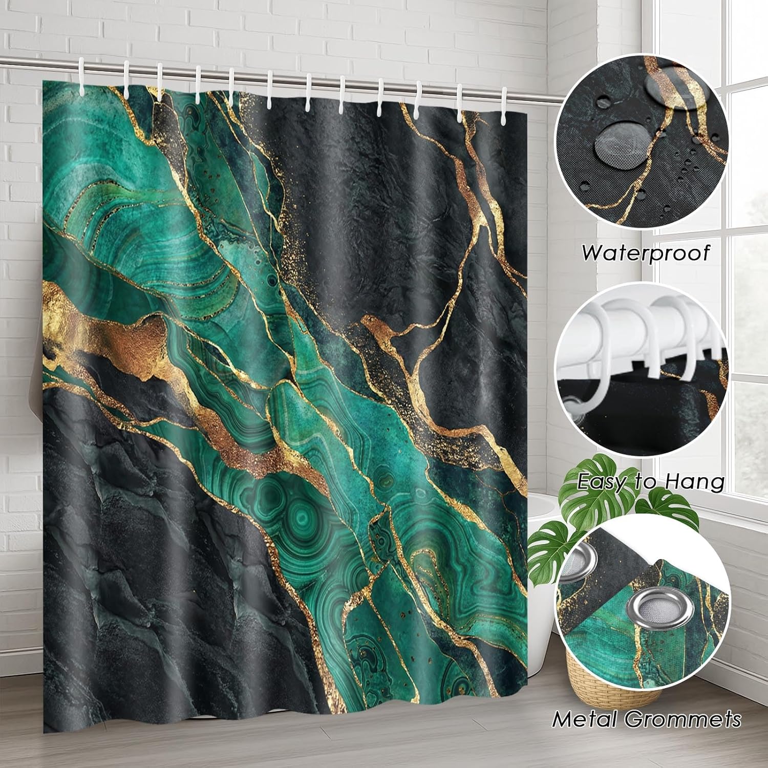 Green Marble Shower Curtain Set with Toilet Lid Cover and Non-Slip Rugs, Modern Black Gold Lines 4 Pcs Shower Curtain with 12 Hooks, Abstract Luxury Bathroom Set with Rugs and Accessories