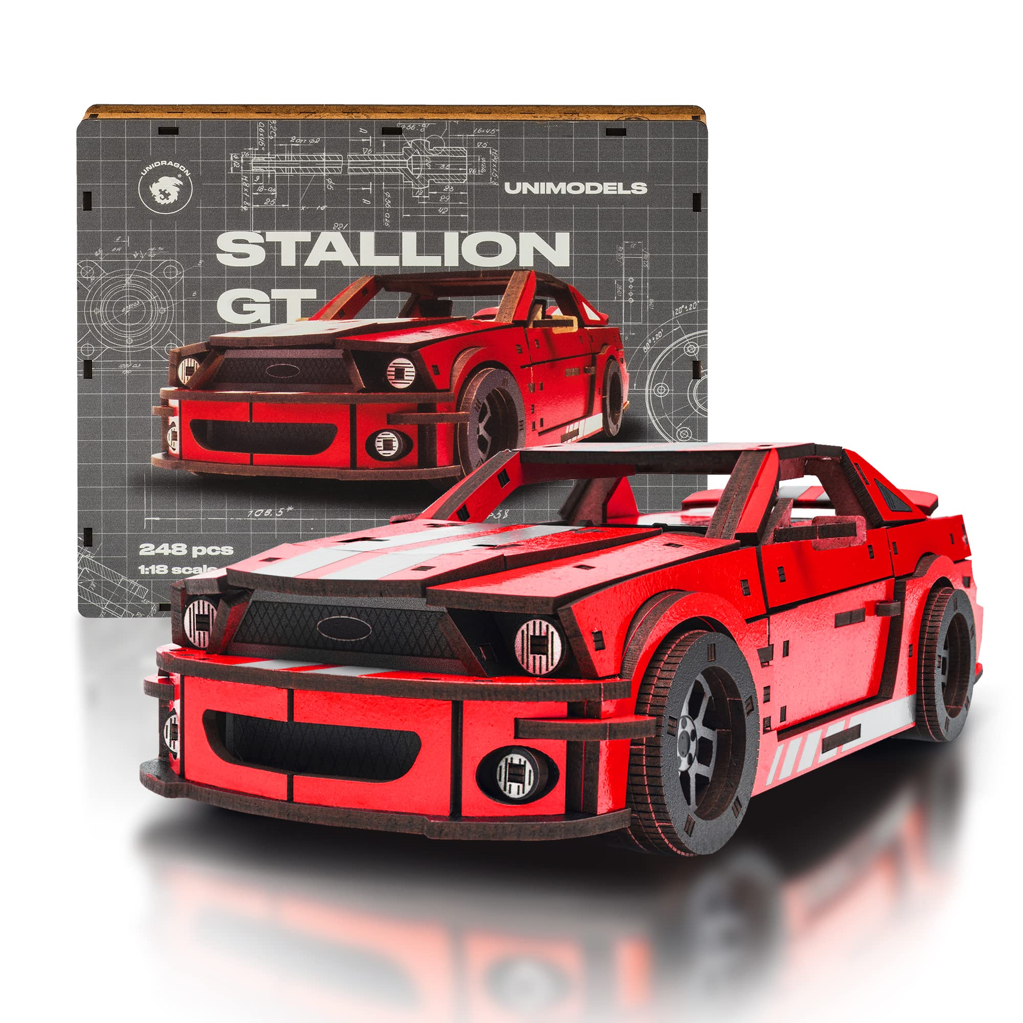 UNIDRAGON Original Wooden Jigsaw Puzzles for Adults Unimodels Stallion GT Red 248 Pieces, Assembled Car Model, Gift Box, Shaped Pieces, Wooden Puzzles for Adults