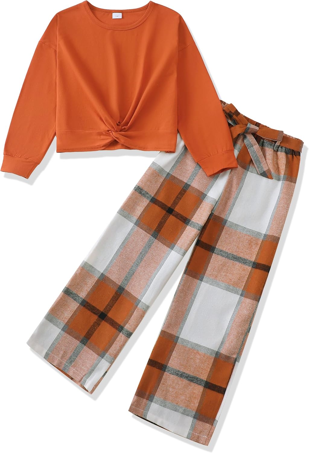 XUANHAO Girls Clothes Fashion Twist Front Pullover Top Plaid Pants Girls Clothing Sets Winter Fall Outfits for Girl Size 7-14