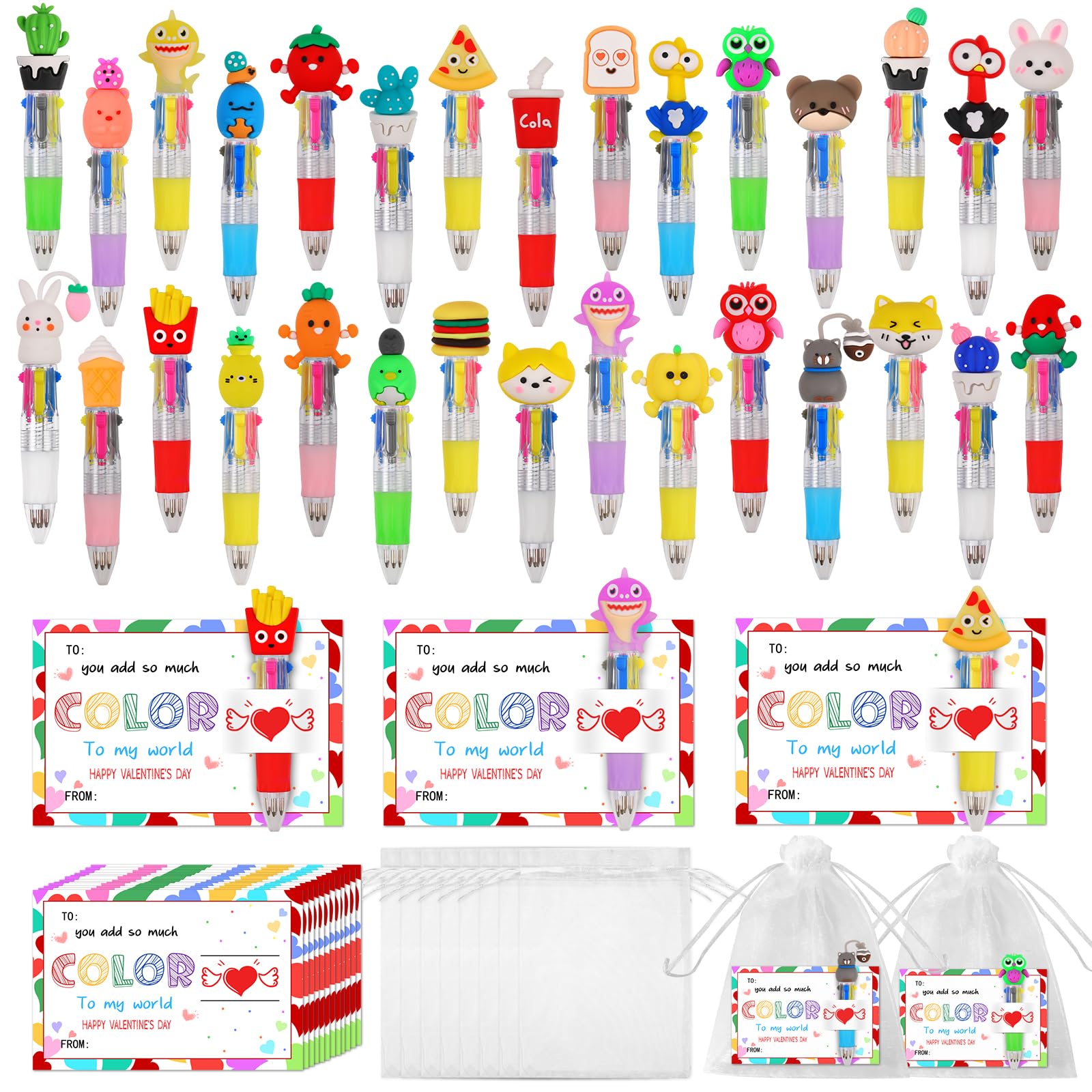 CZWZ 30 Set Cute Multicolor Pens in One 4-in-1 Fun Pens Bulk with 30 Valentines Day Cards for Valentine's Day Party Student Colleagues Greeting Exchange Gift Office School
