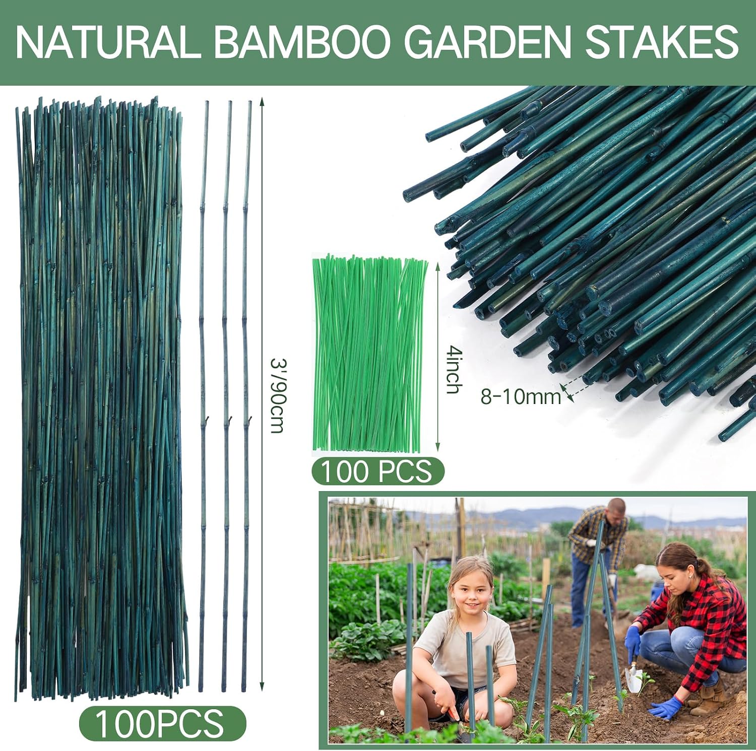Suclain 100 Pcs 3 Feet Bamboo Stakes for Plant Support Bamboo Sticks Poles Indoor and Outdoor Tall Garden Stakes with 100 Twist Ties for Tomato Bean Flowers Trees Potted and Climbing Plant Support