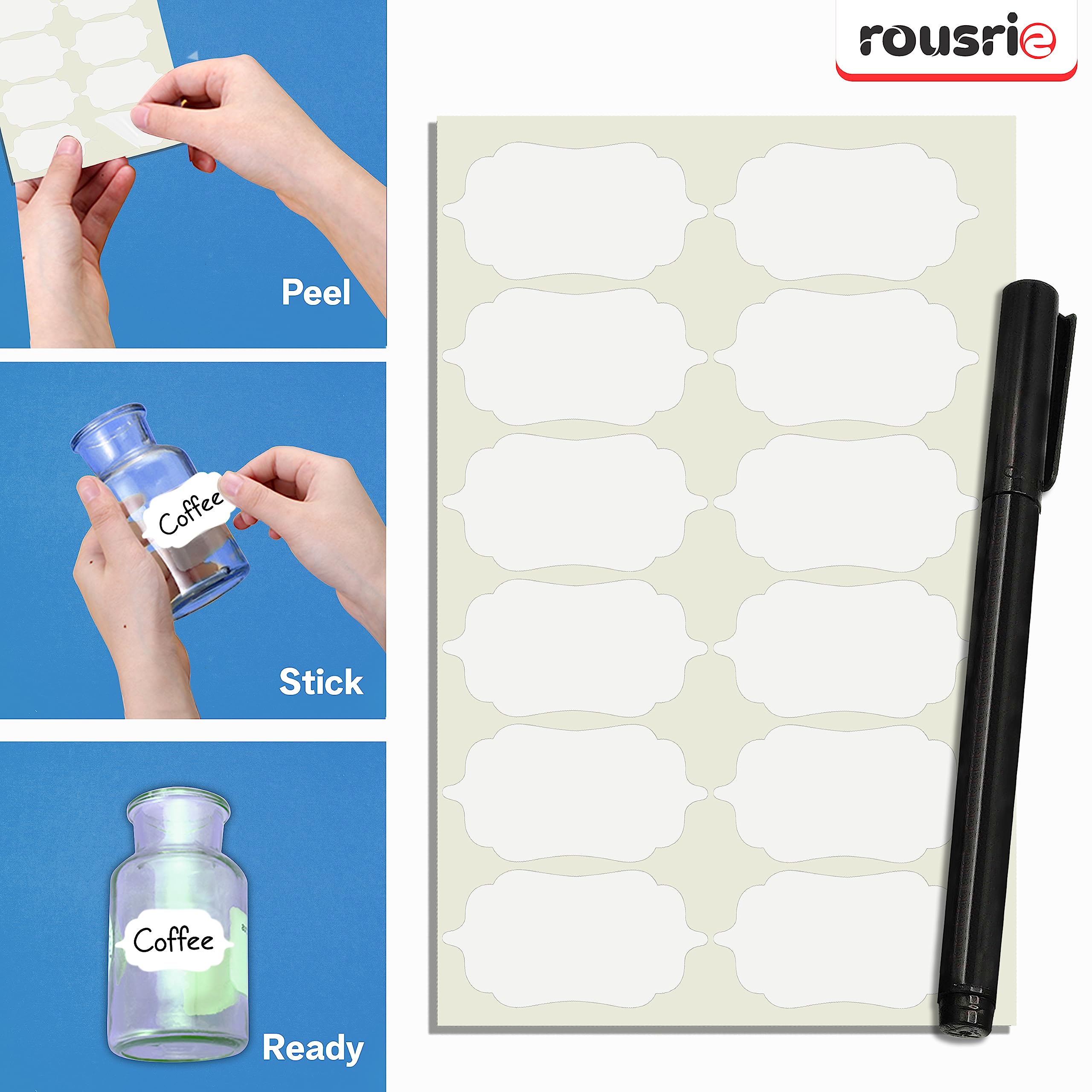 ROUSRIE Pack of 84 Reusable Waterproof White Same Shapes Mason Jars Labels Kitchen Pantry Spice Jars Glass Bottles – Best Stickers & Organizing Label with Black Marker 4