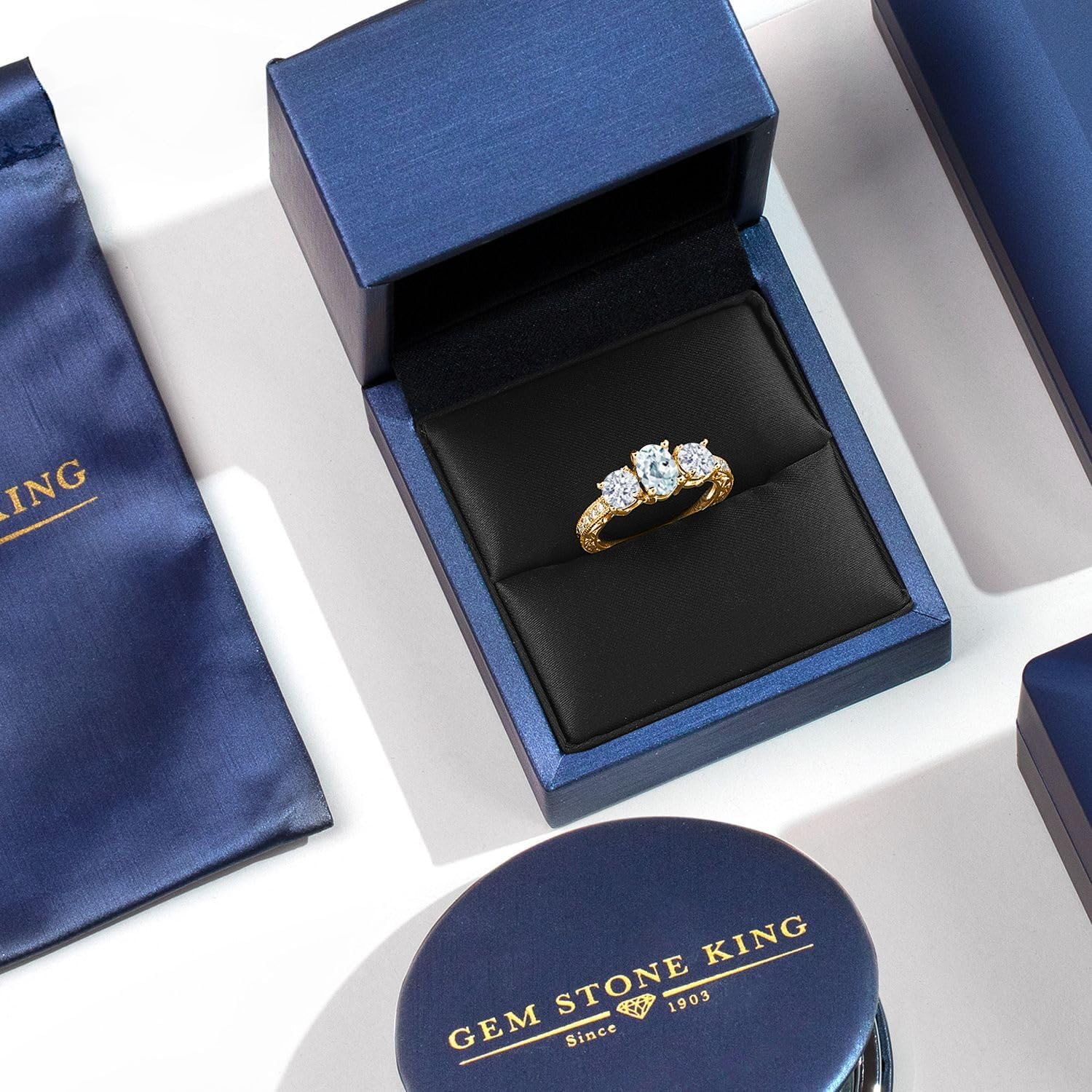 Gem Stone King 18K Yellow Gold Plated Silver Gemstone Birthstone 3-Stone Engagement Ring for Women | Oval 7X5MM and Round 5MM | Filigree and Milgrain Detail | Three Stone Wedding Anniversary Promise