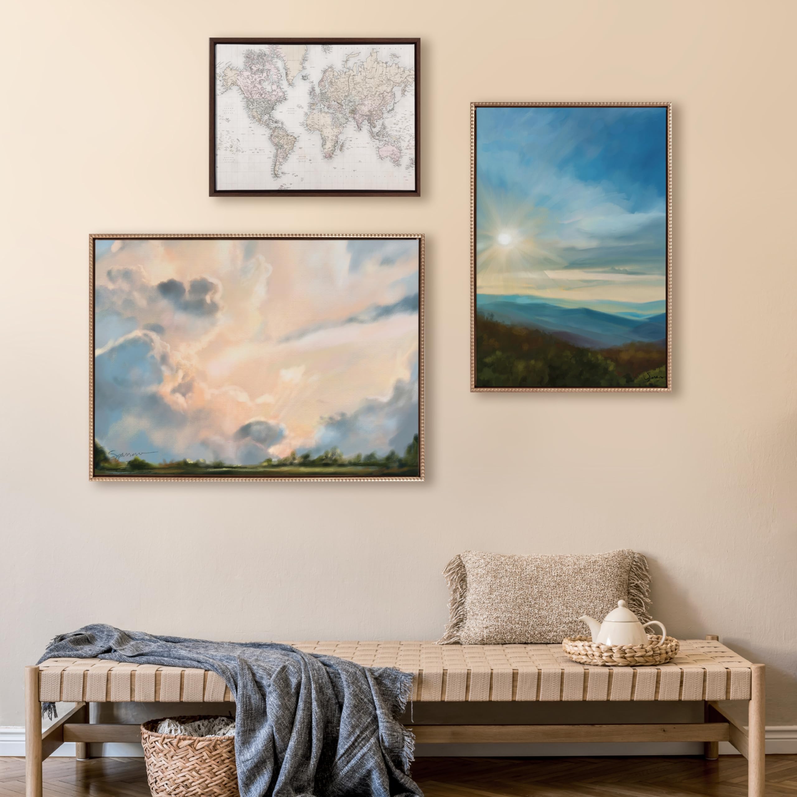 Kate and Laurel Sylvie Beaded Clouds Vintage Framed Canvas Wall Art by Mary Sparrow, 28x38 Gold, Modern Nature Landscape Art for Wall