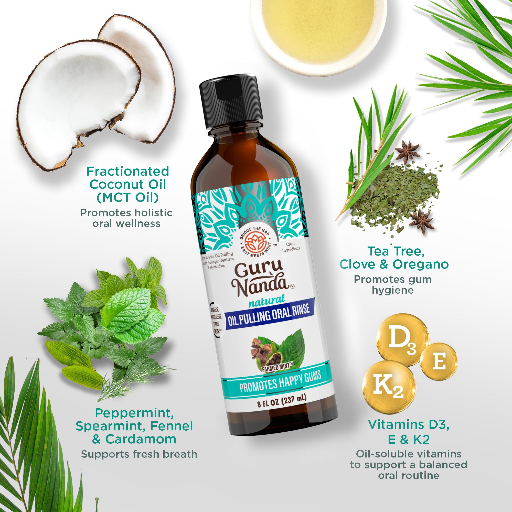 GuruNanda CocoMint Oil Pulling Mouthwash for Complete Oral Hygiene, 7 Essential Oils & Vitamins for Happy Teeth & Gums & Fresh Breath , Alcohol-Free, 8 oz: 8 Fl Oz (Pack of 1) 1 Pack