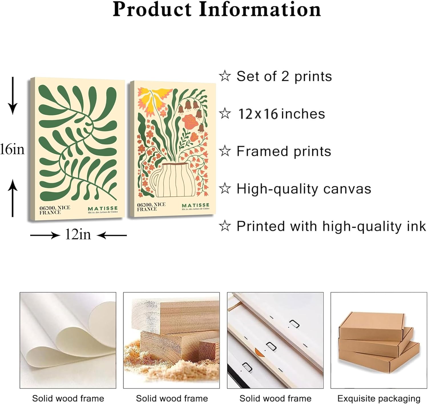 2Pcs Boho Botanical Canvas Wall Art Matisse Flower Market Poster Print Neutral Abstract Floral Picture Green Plant Painting Artwork Wall Decor for Bedroom Living Room Office 12x16in Framed
