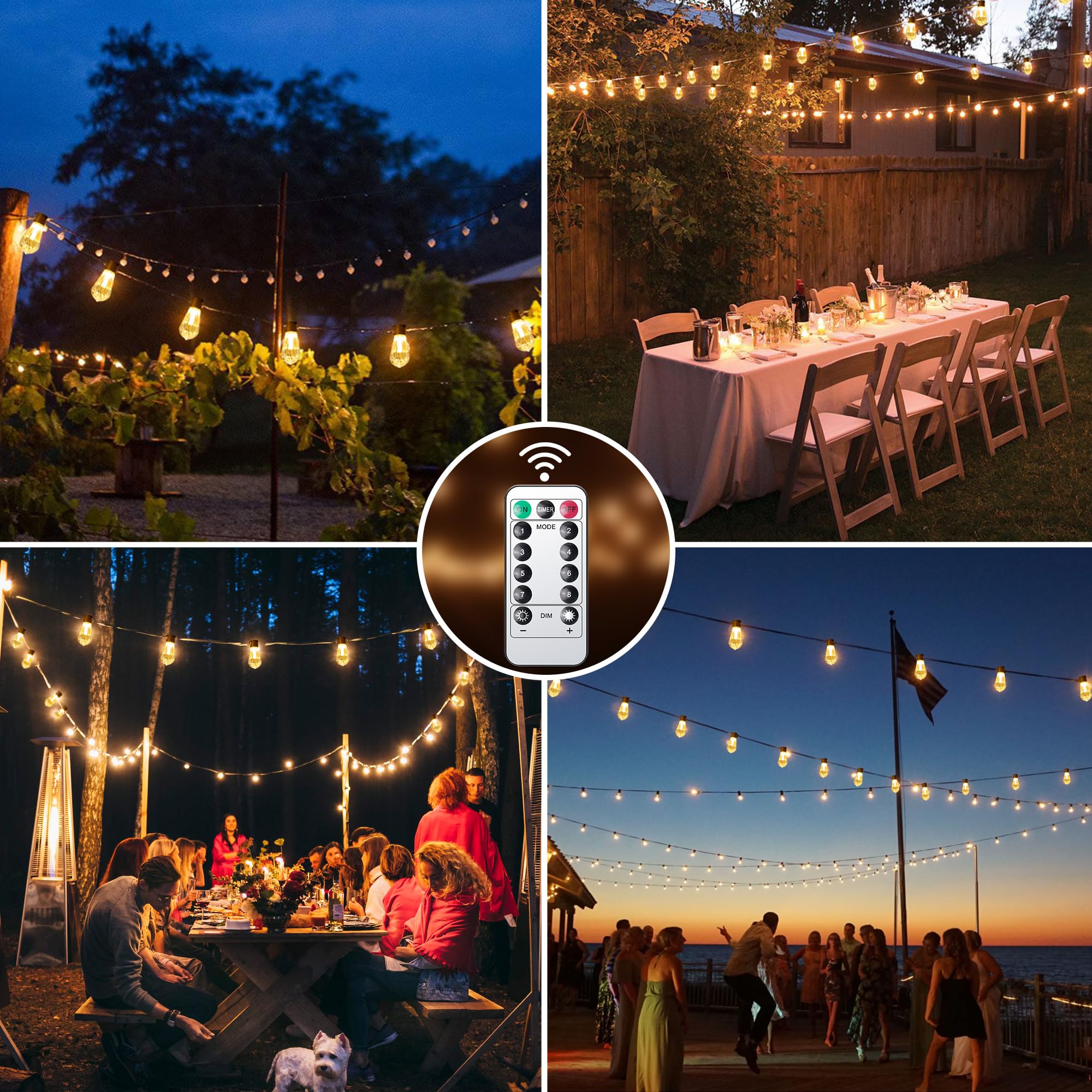 Guirlande lumineuse de jardin d'extérieur rechargeable à piles 5000 mAh étanche 9 m avec télécommande, portable pour terrasse, tonnelle, café
