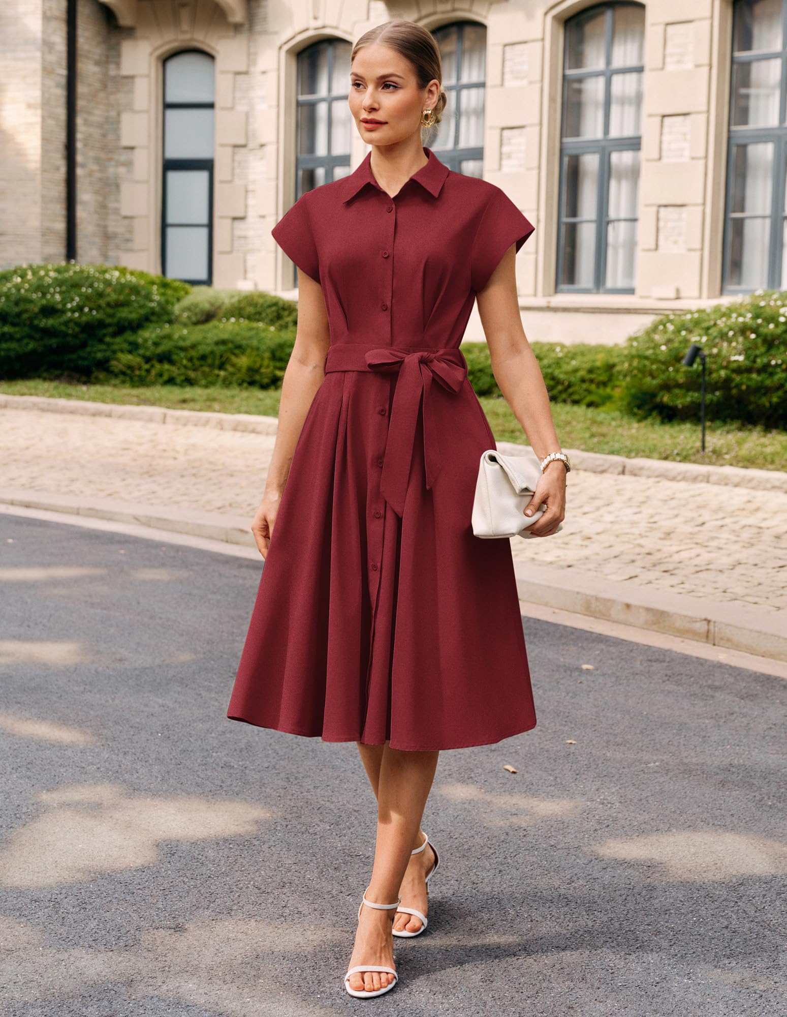 GRACE KARIN Abito midi da donna a maniche corte, linea ad A, elegante, collo con risvolto, bottoni, cravatta in vita, camicia per lavoro e matrimonio