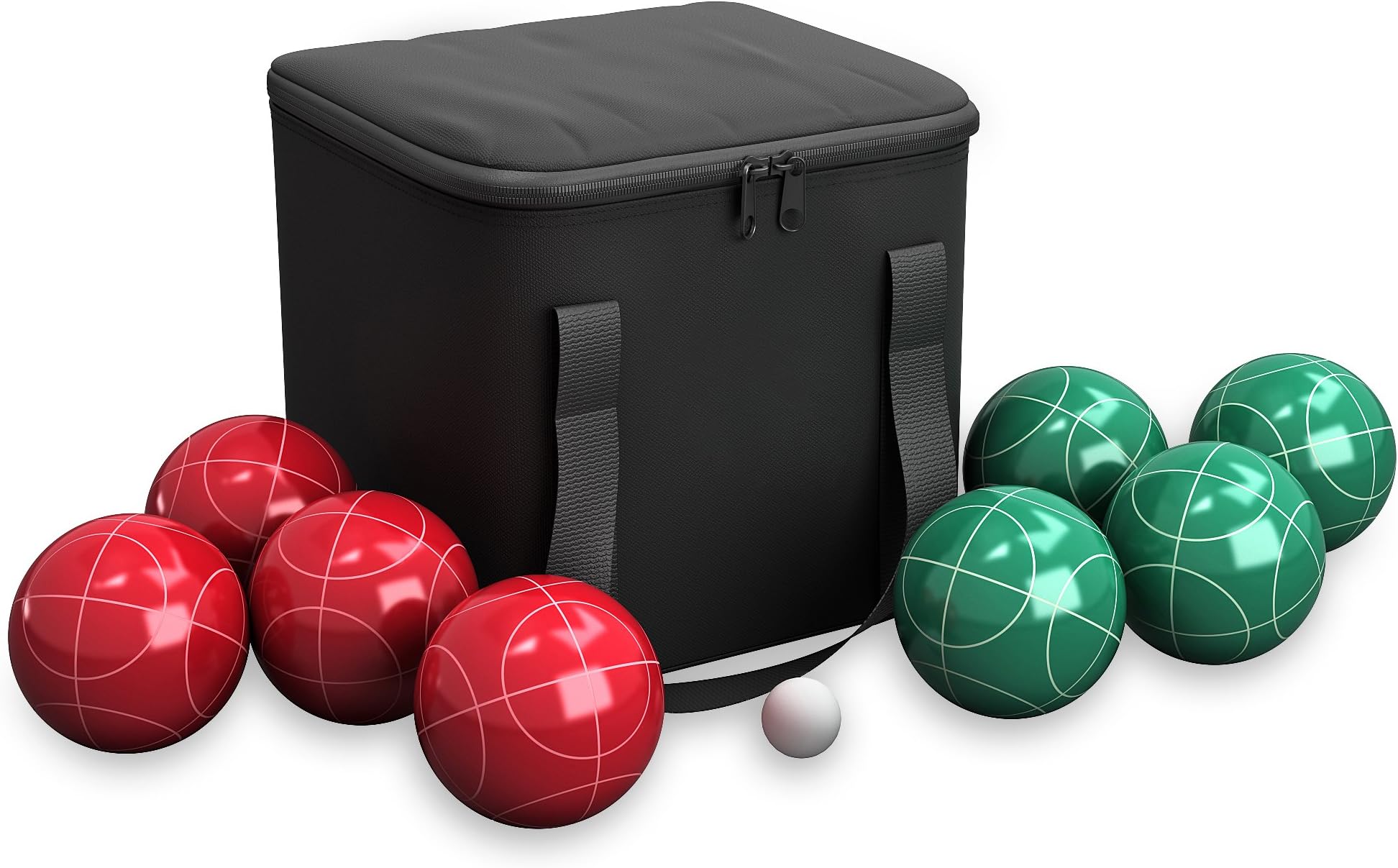 HEY! PLAY! Bocce Ball Set - Lawn Game for Backyard, Beach, or Wedding - Includes Red and Green Bocce Balls, Pallino, and Carrying Case by Trademark Games