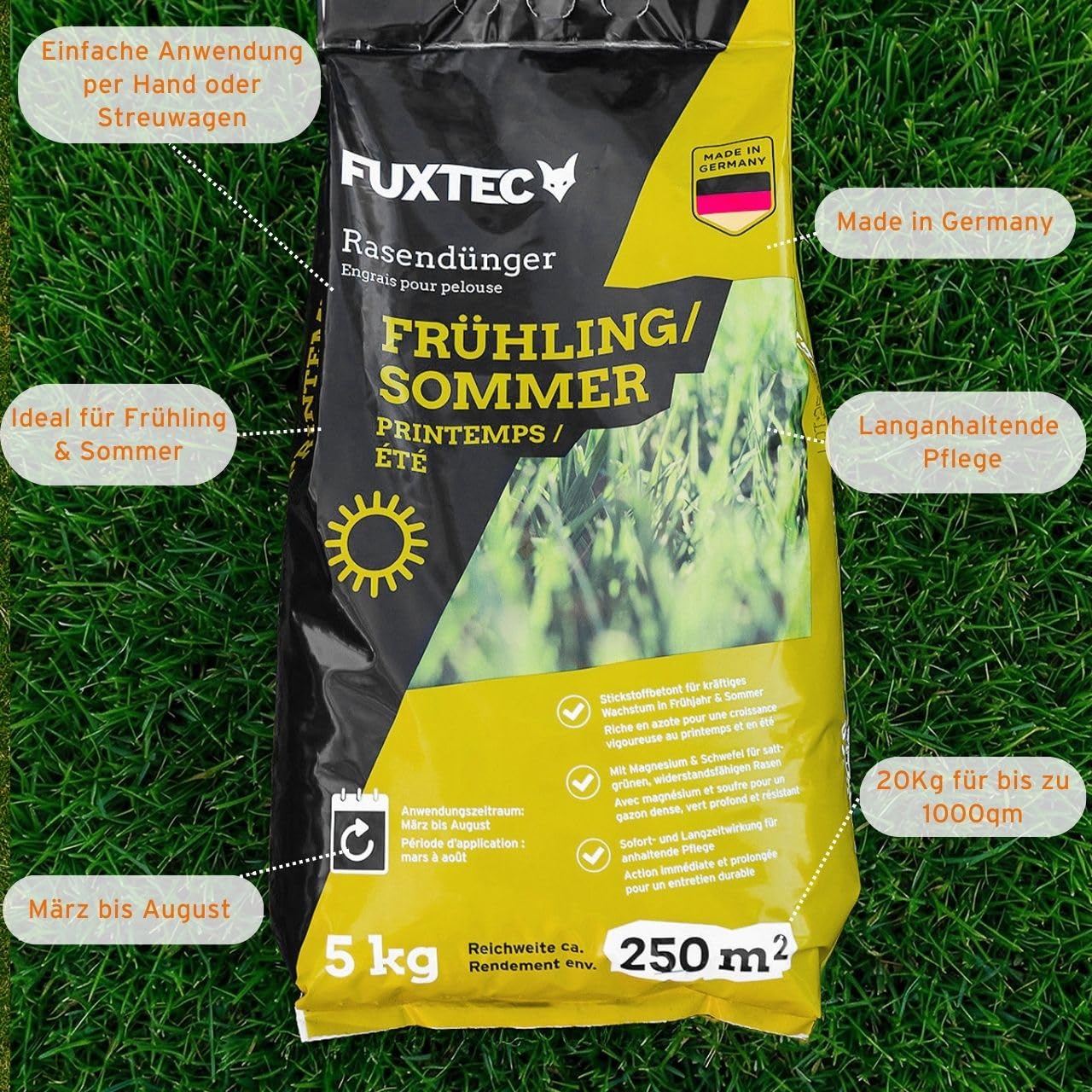 FUXTEC Rasendünger Frühling/Sommer FX-RDFS20, stickstoffbetonter Rasendünger für gleichmäßiges Wachstum, 20 kg Granulat für ca. 1000 m², langanhaltende Nährstoffversorgung