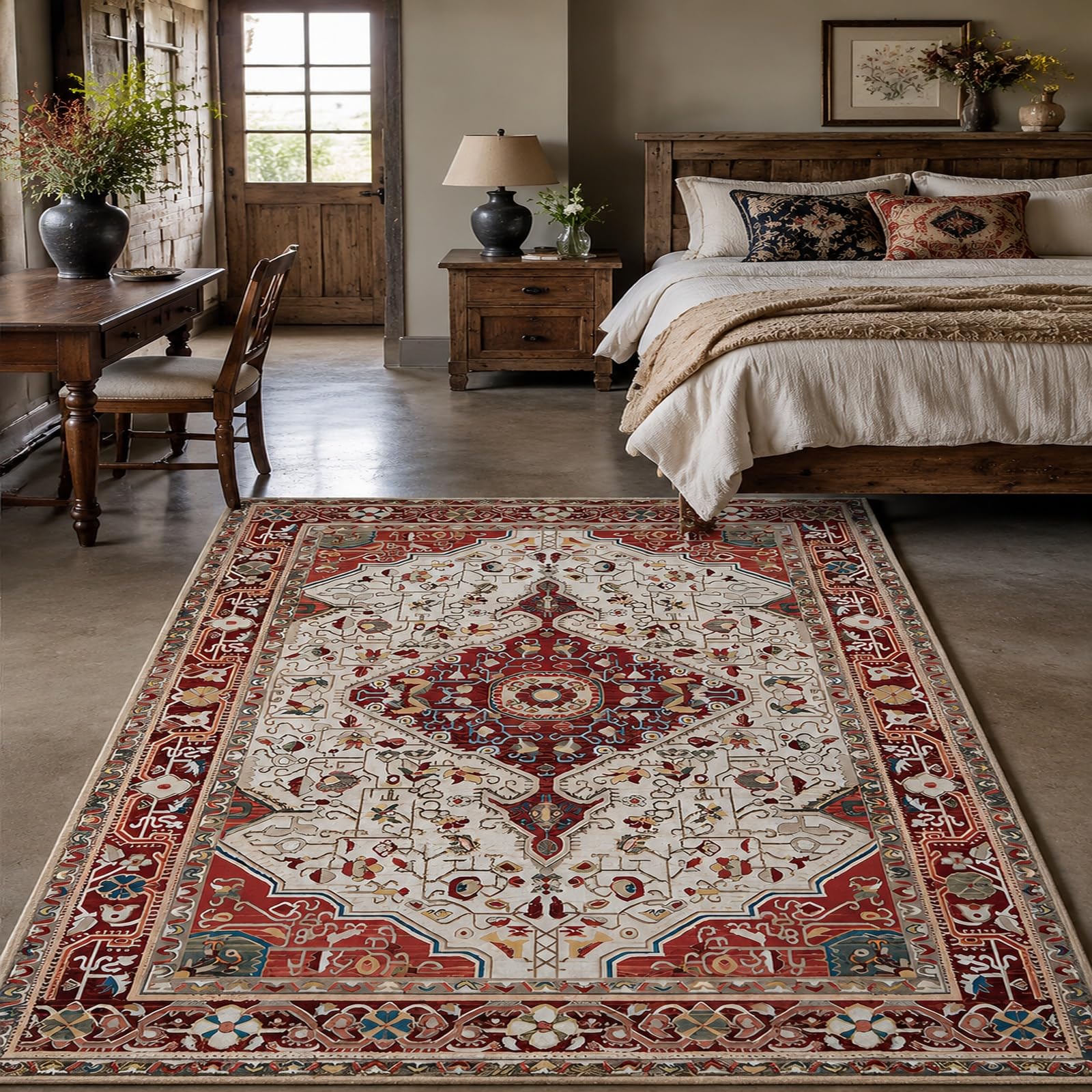 Teppich Wohnzimmer, 180 x 240 cm, Orientalisch Rot, Weiß, Blau, Gelb, Teppiche Waschbar Anti-Rutsch Schlafzimmer Teppiche Matte,