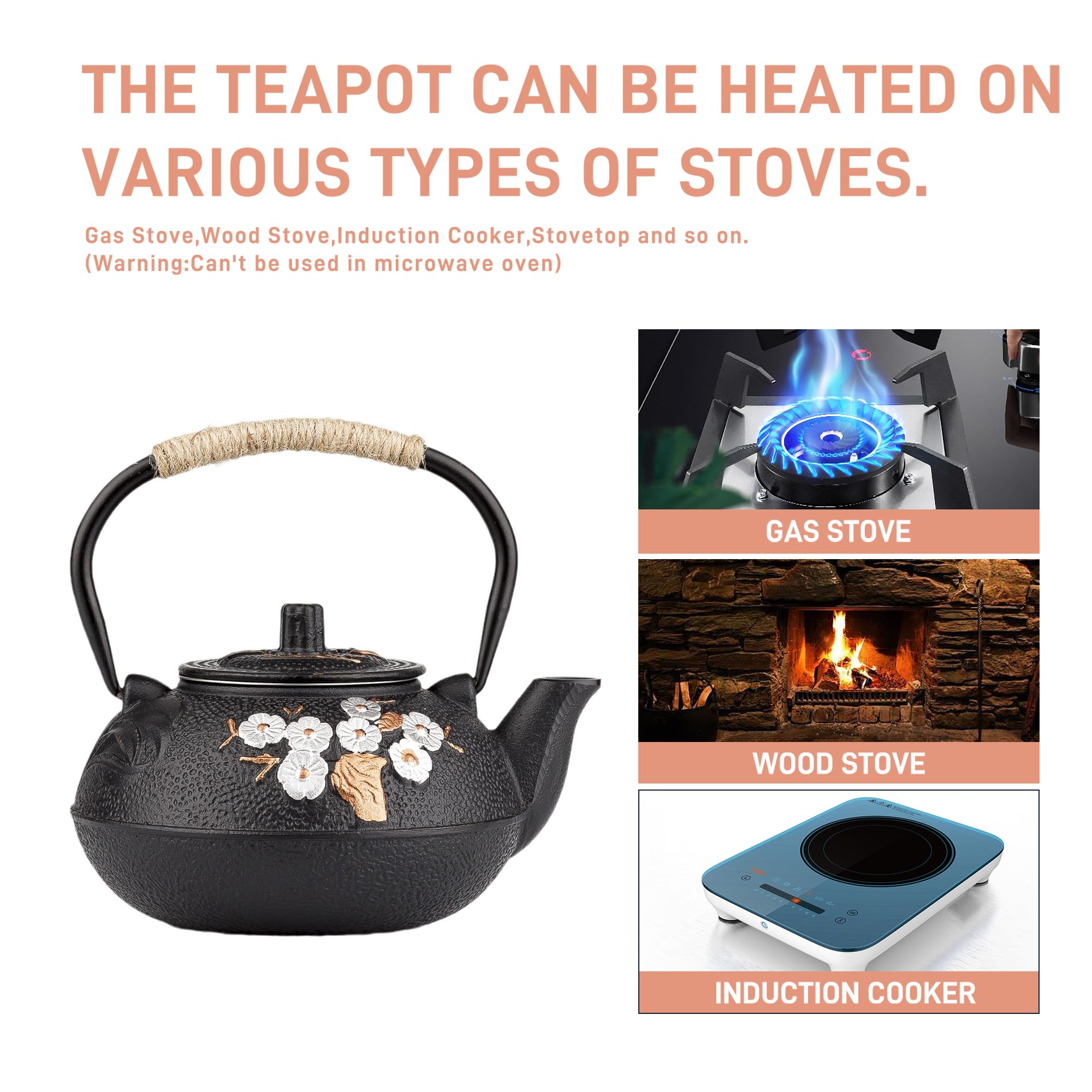 Tetera de hierro fundido, tetera japonesa de hierro fundido con infusor de acero inoxidable para estufa segura (27 onzas/800 ml)