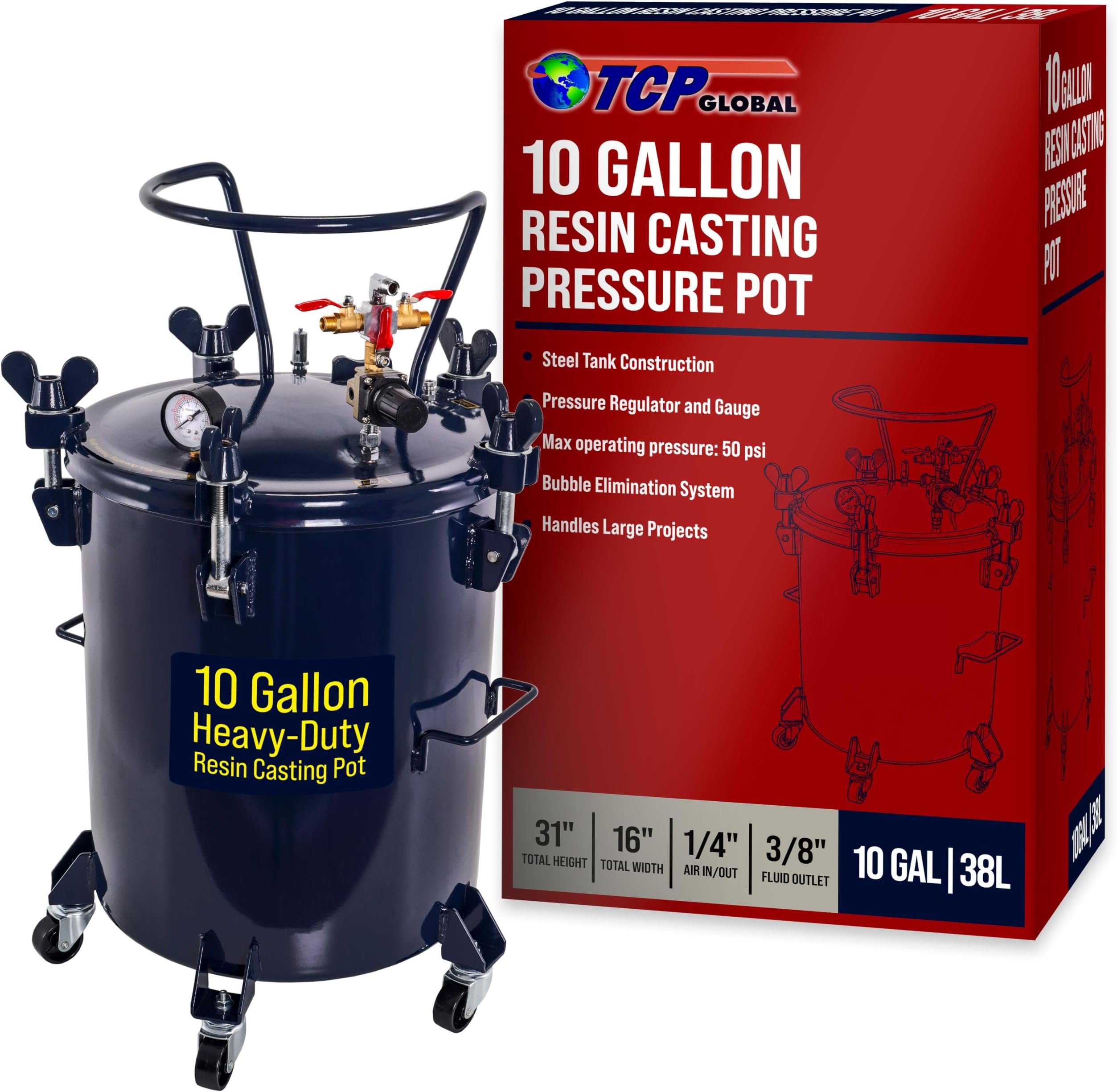 TCP Global 10 Gallon (38 Liter) Heavy Duty Steel Pressure Pot for Resin